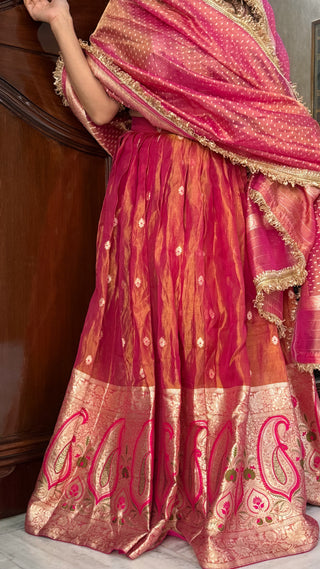 “Kali wala lehenga” — Rani pink semi stitched pure banarasi tissue silk lehenga set