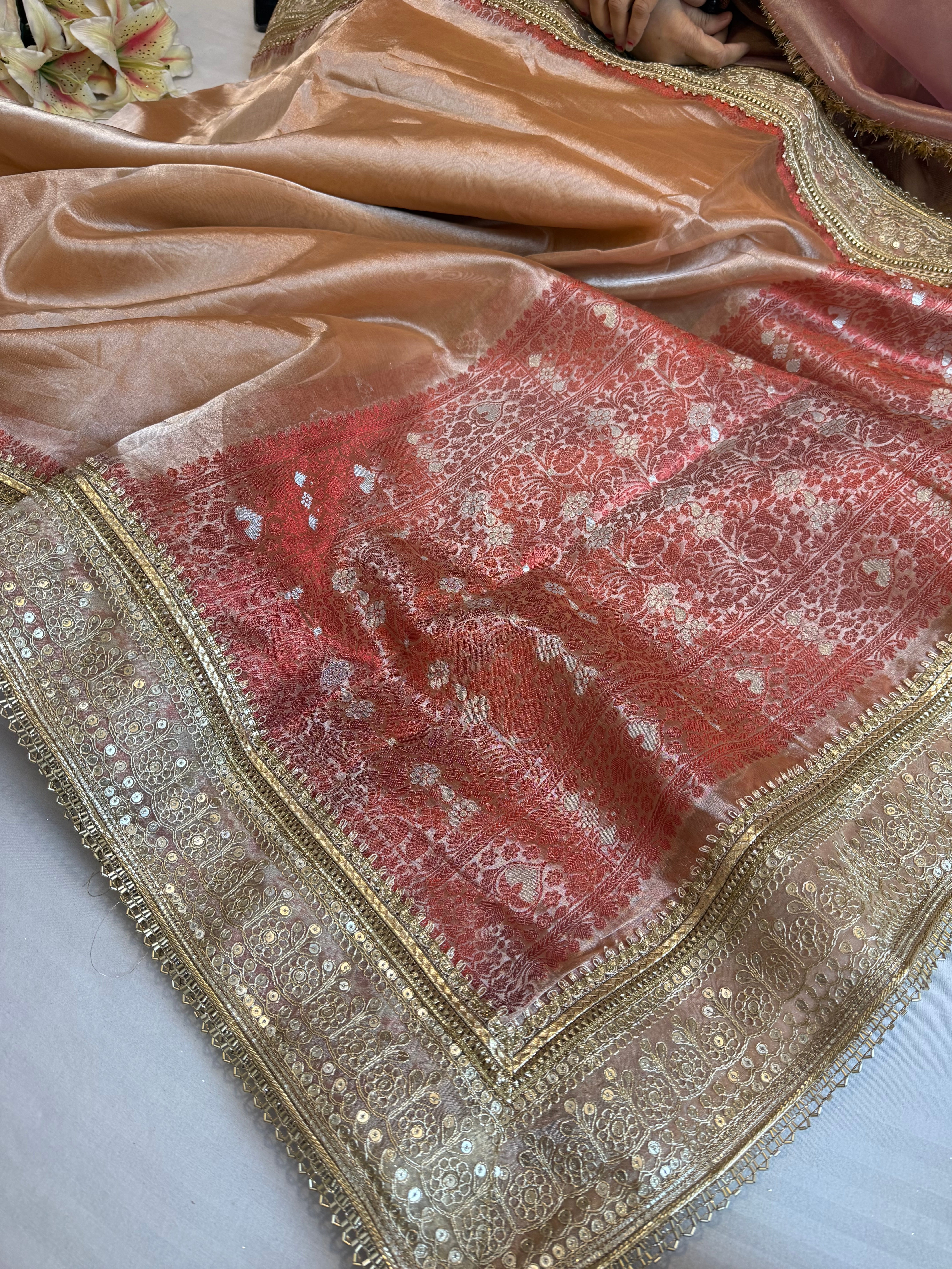 Maharani fanta orange tissue silk kadhwa gotapatti saree