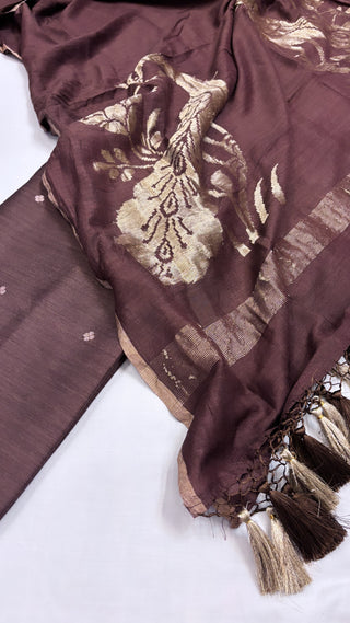 Pure Banarasi chocolate brown chiniya silk kadhwa suit set paired with moonga silk  kadhwa duppata and bottom set