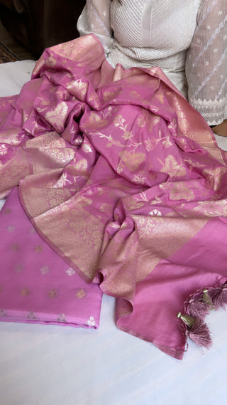 Baby pink moonga silk kadhwa jaal suit set