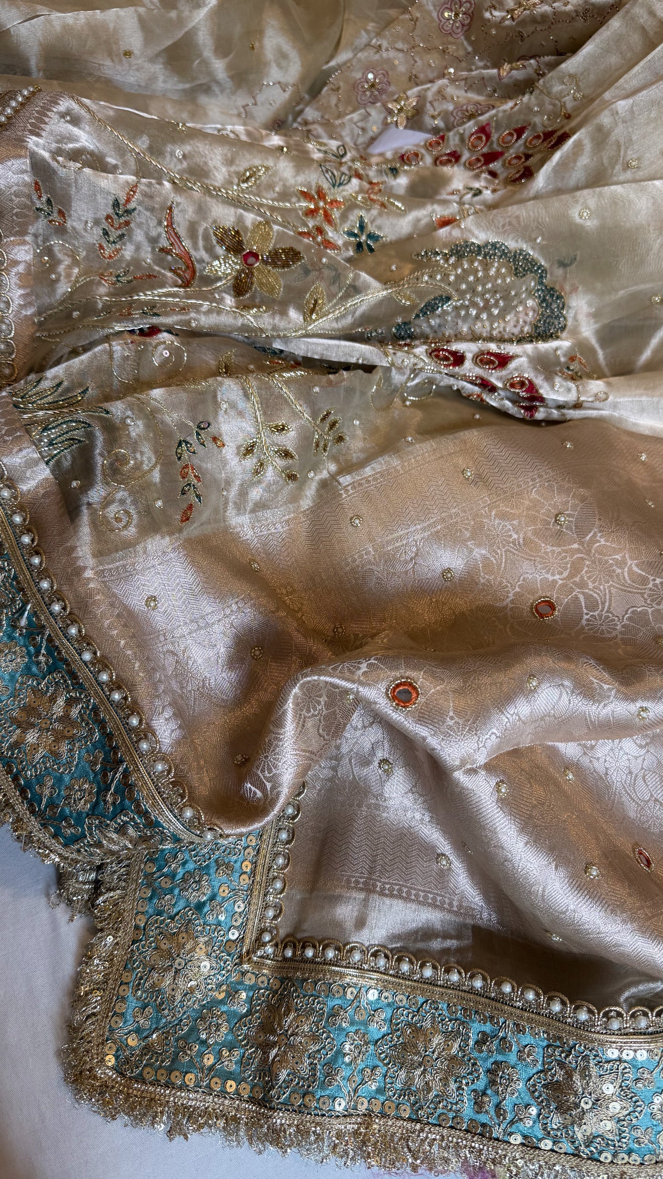 Kutchi inspired “sheesham edit” mirror work and meenakari hand embroidered saree