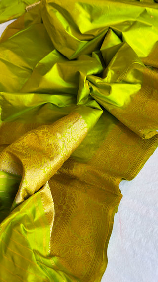 Banarasi lime green katan silk suit set