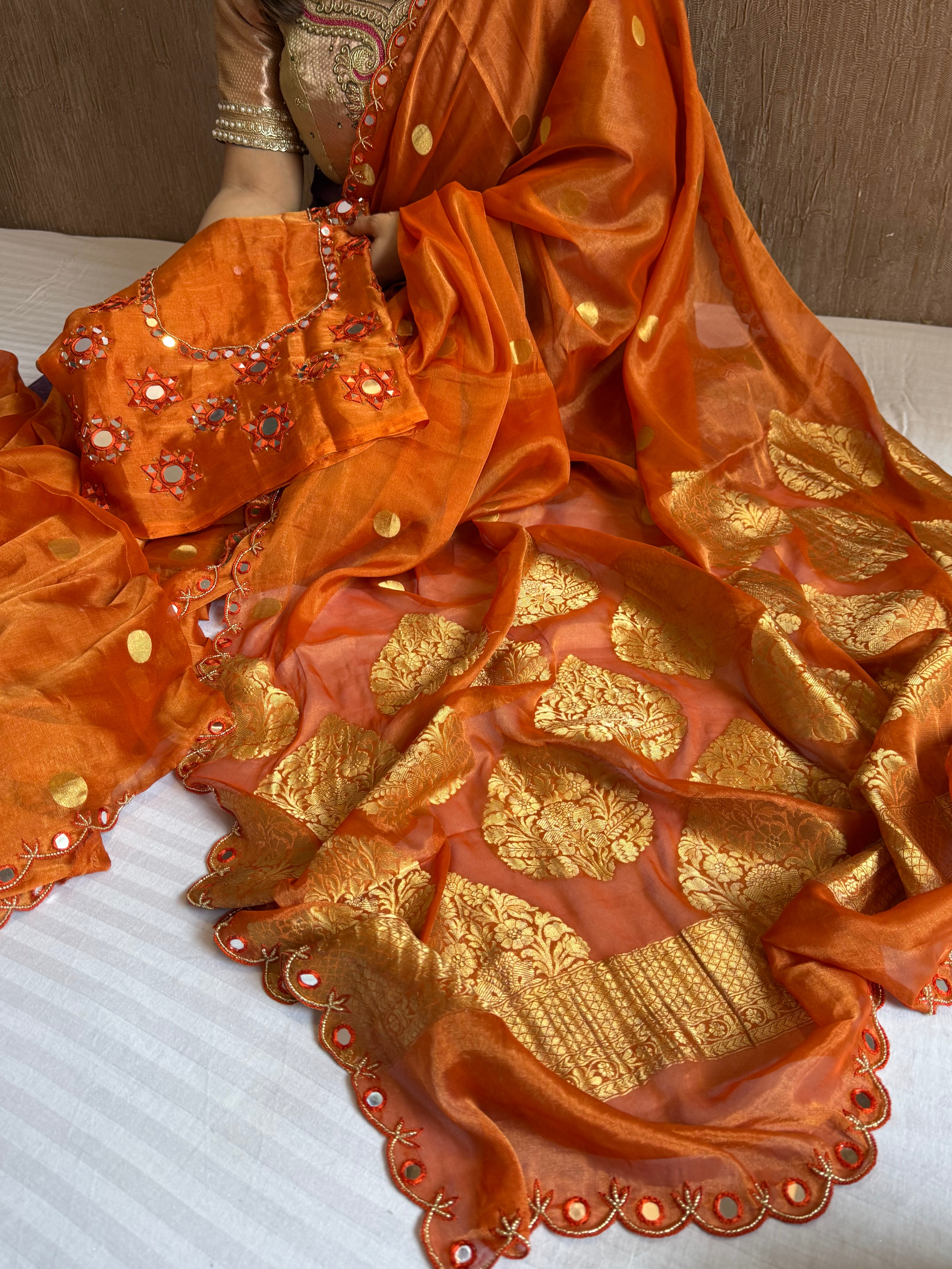 Fanta orange tissue gorgette kadhwa mirror work hand embroidered saree