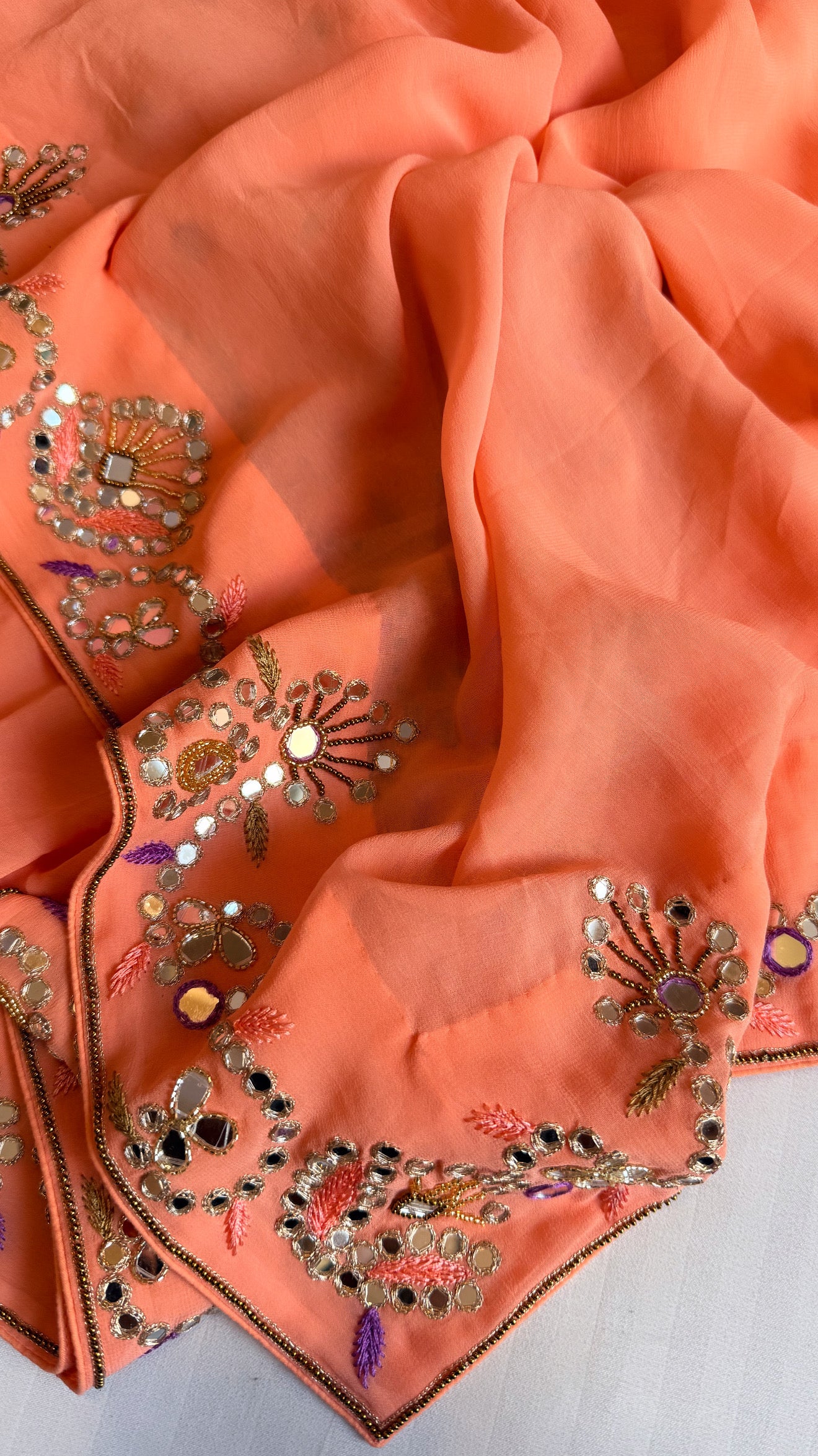 Mother’s Day offer - Peachy orange chiffon gorgette mirrorwork hand embroidered sarees
