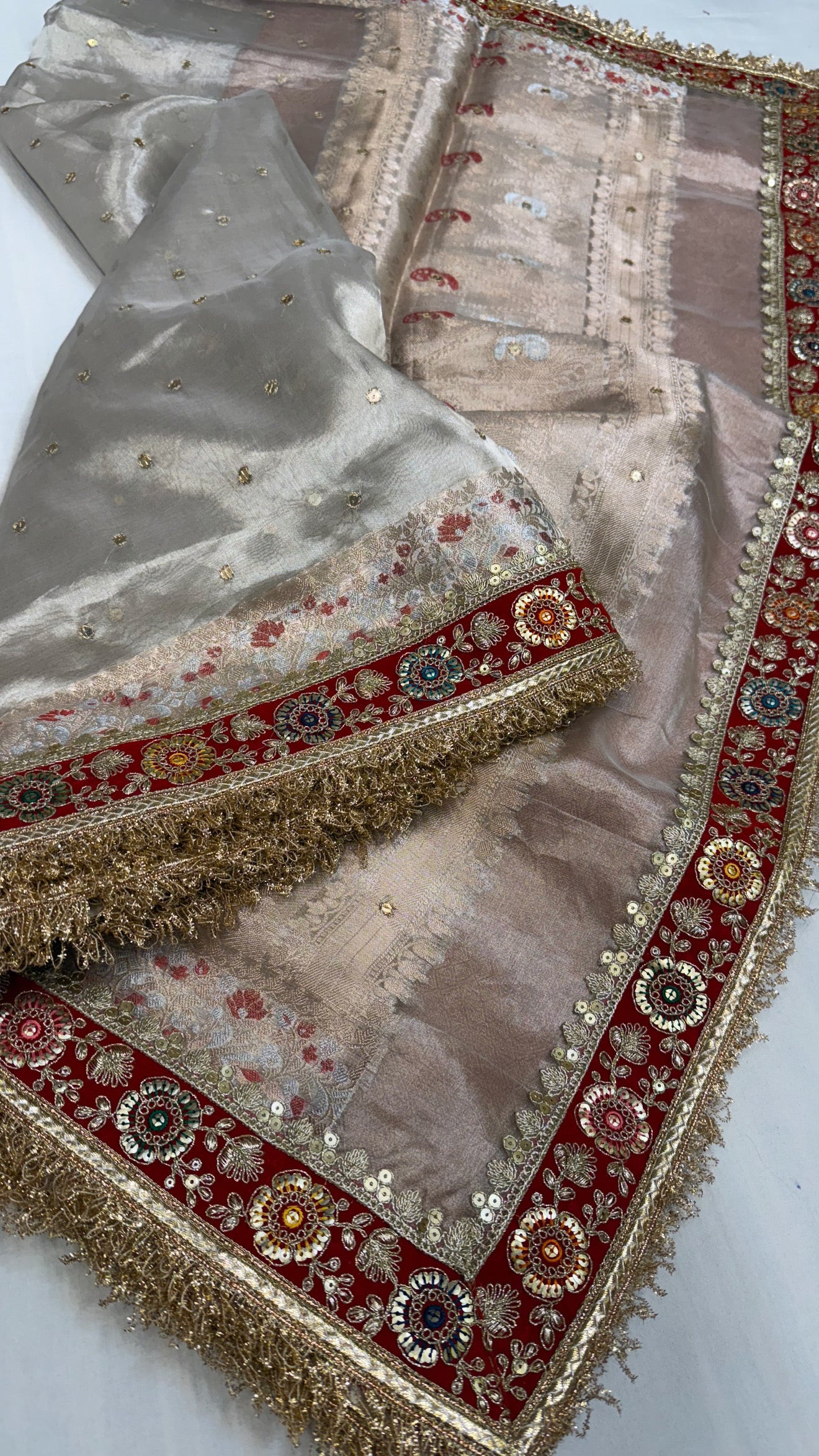 Diamond tissue silk chunri buti hand embroidered panetar saree