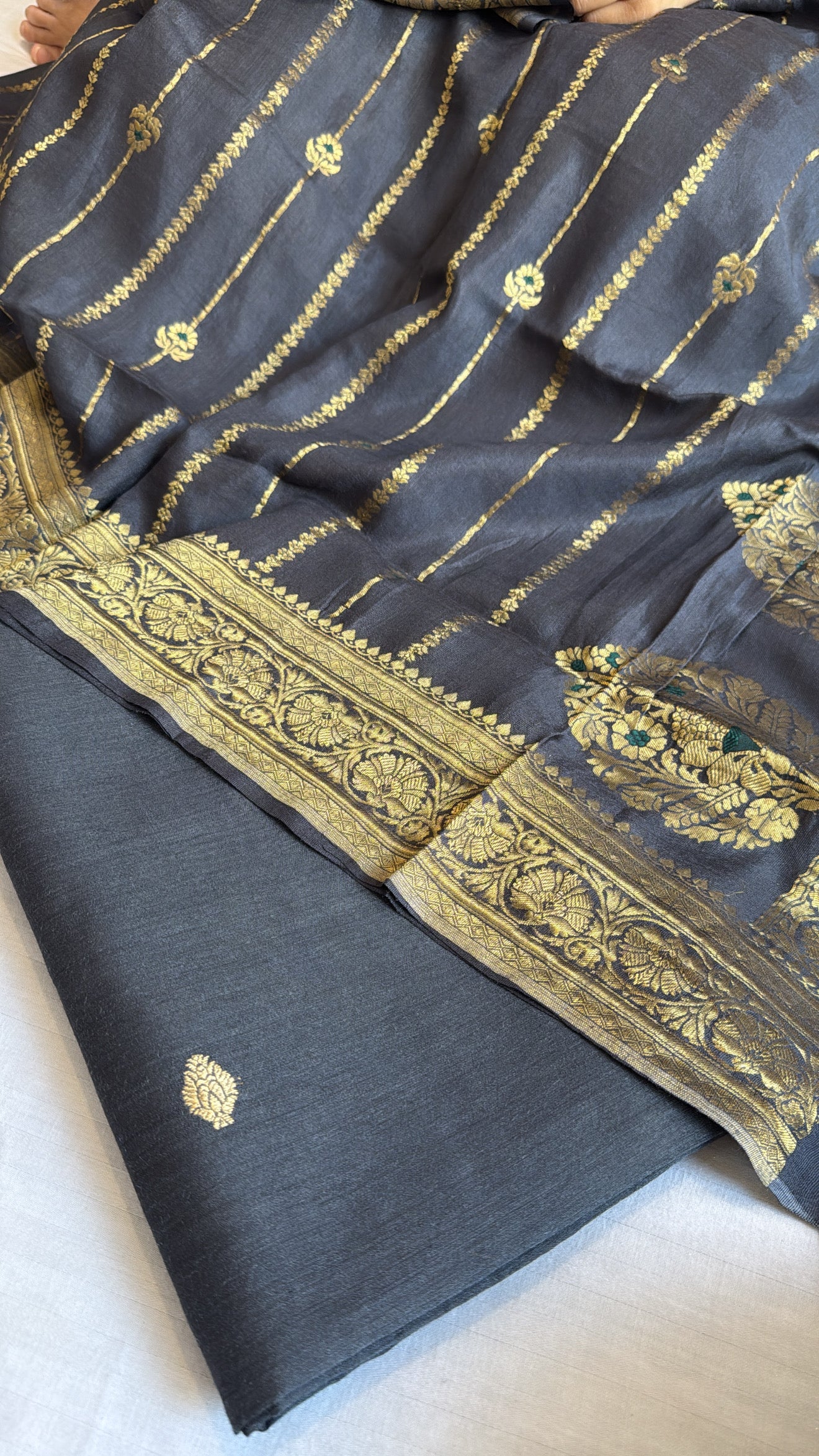 Metallic grey moonga silk kadhwa jaal suit set