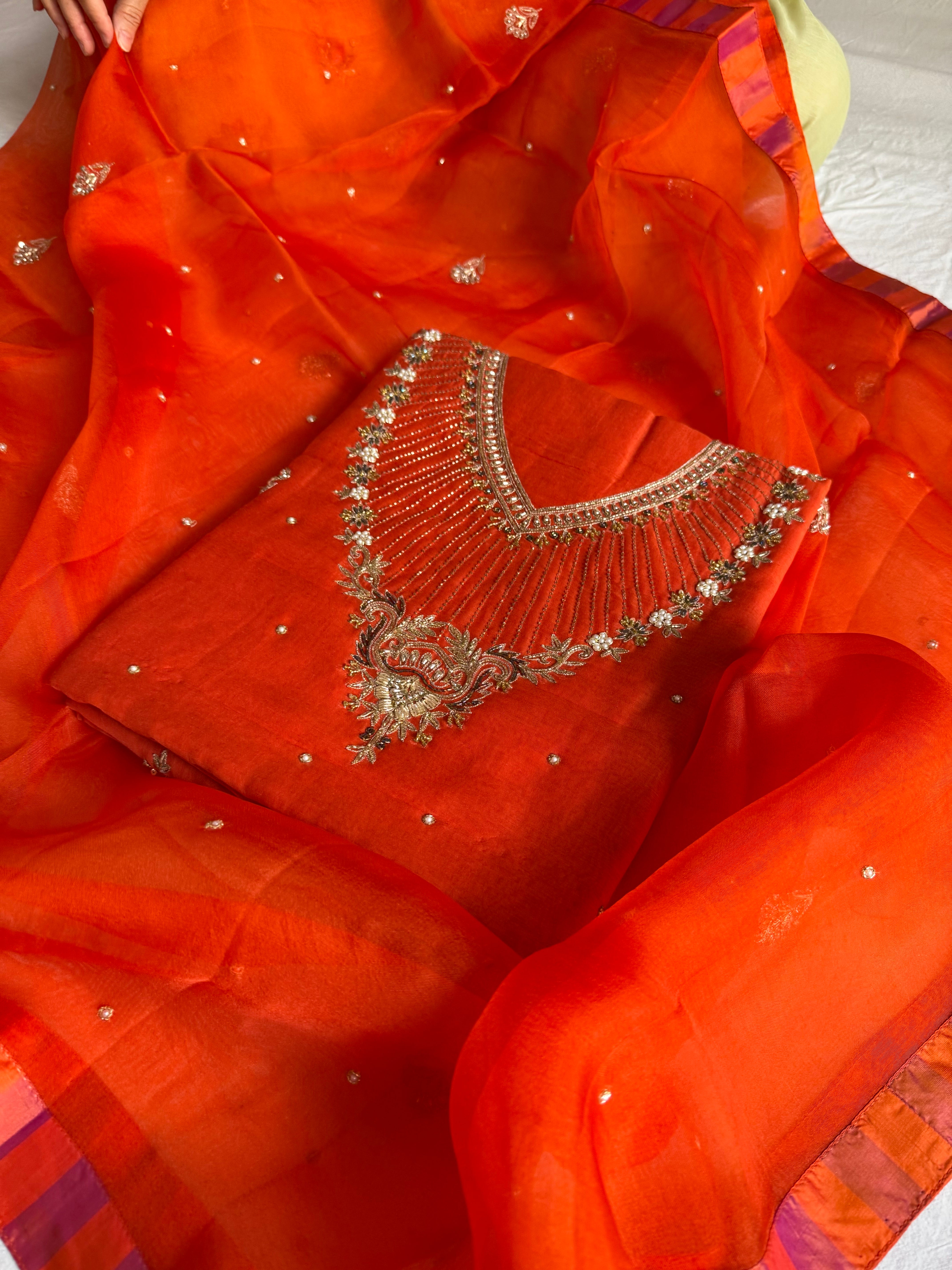 Banarasi formal wear mul cotton fanta orange hand embroidered kurta paired with kora silk banarasi border duppata set