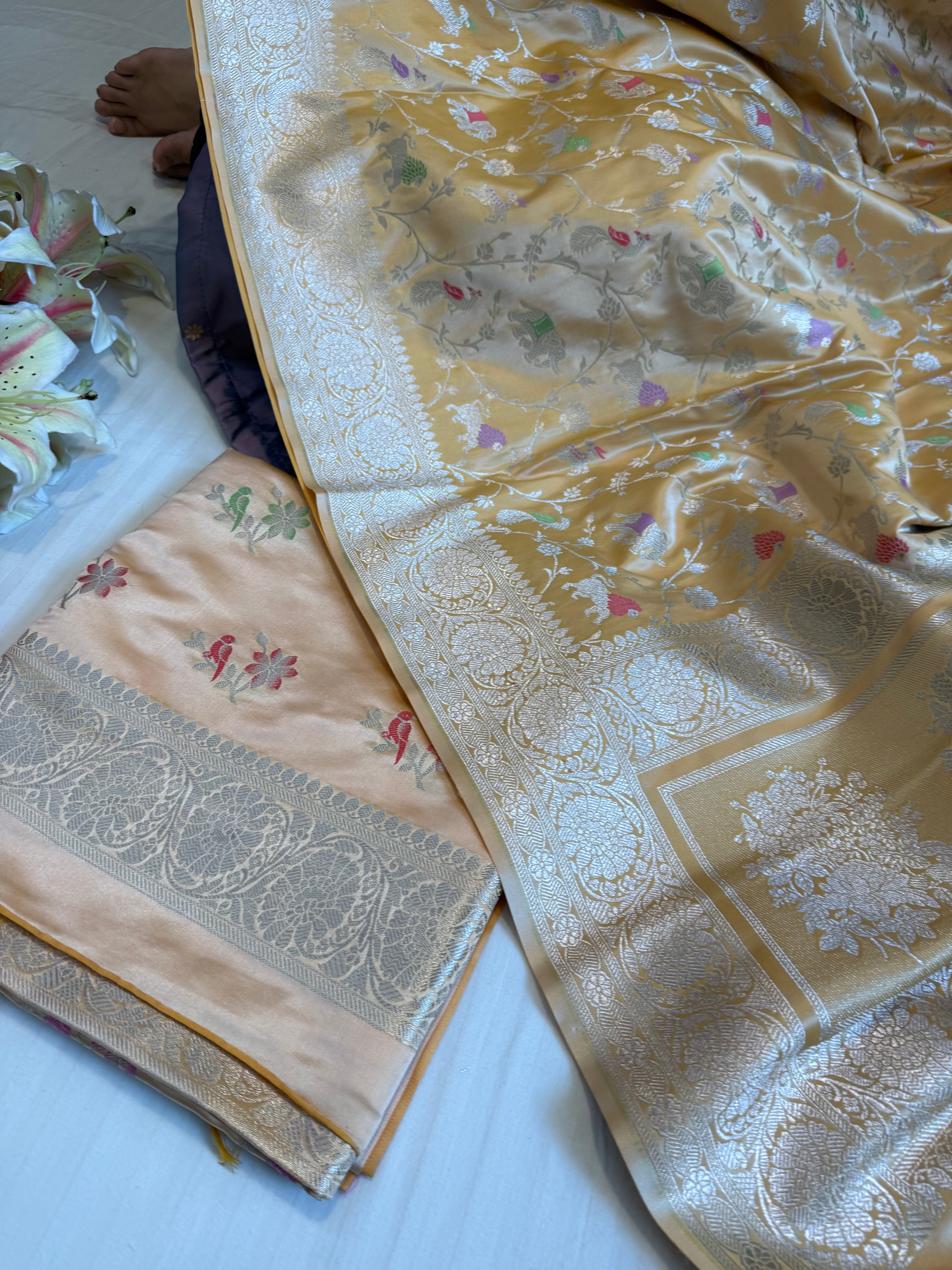 Butter yellow mashru satin silk shikargah motif Banarasi suit set