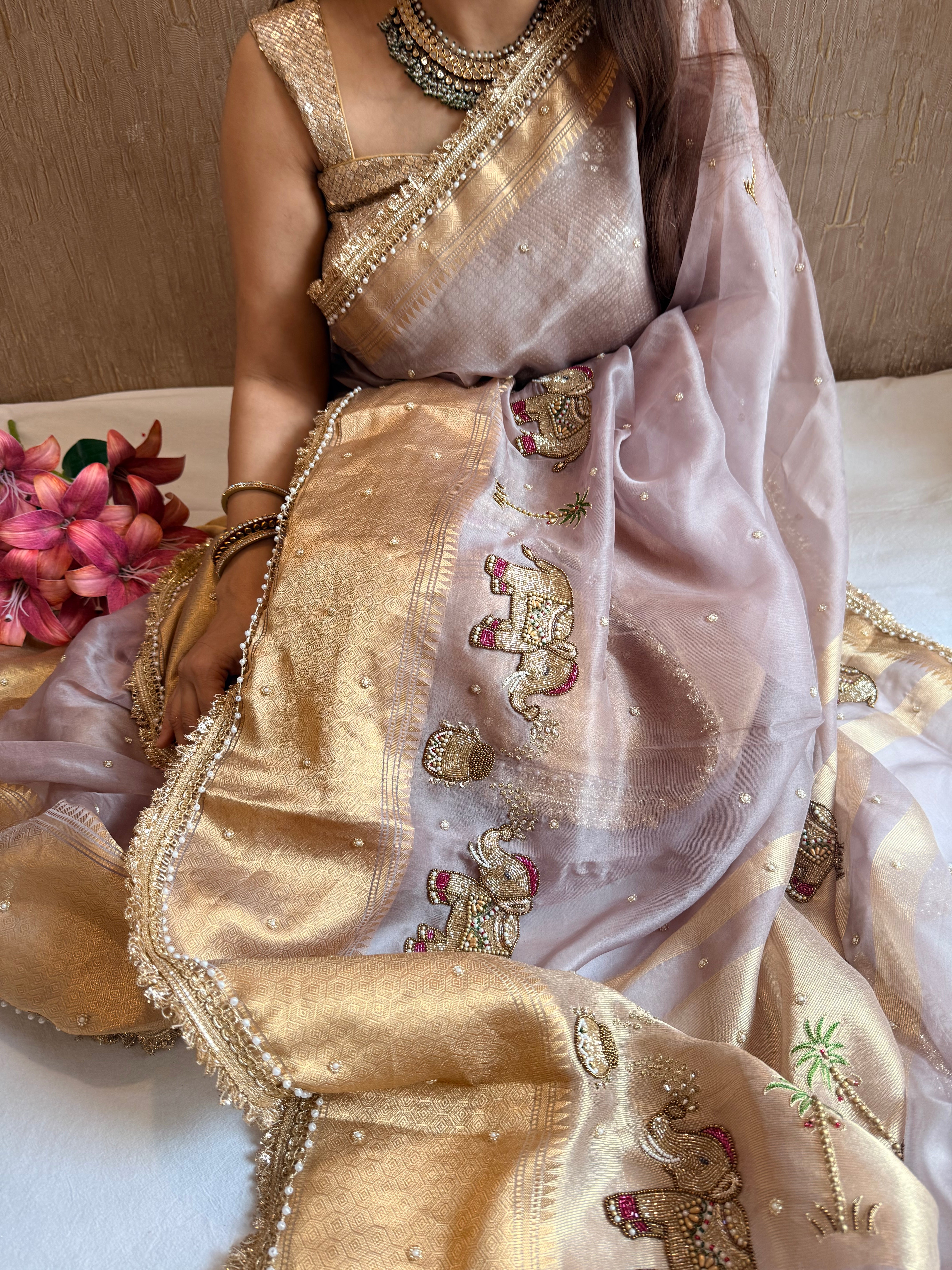 Tyohaar edit - Chap dye kora silk elephant motif hand embroidered saree