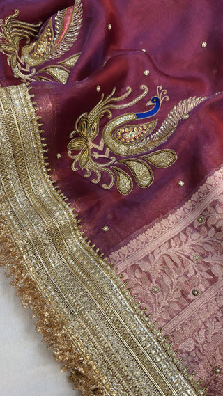 Husn plummish-purple tissue silk hand embroidered saree