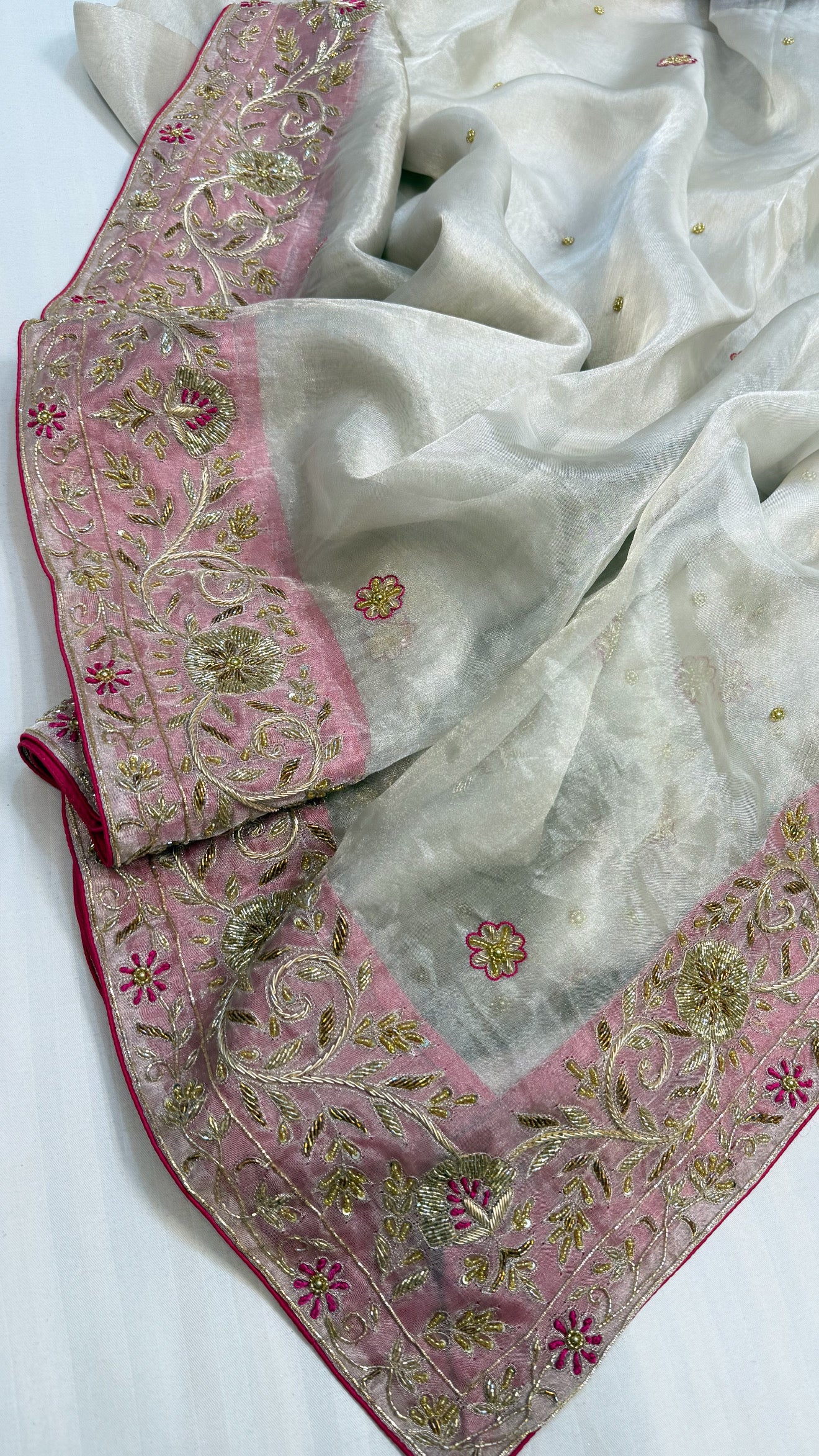 Gulab ki pankhuri husn tissue silk heavy zardozi hand embroidered border saree