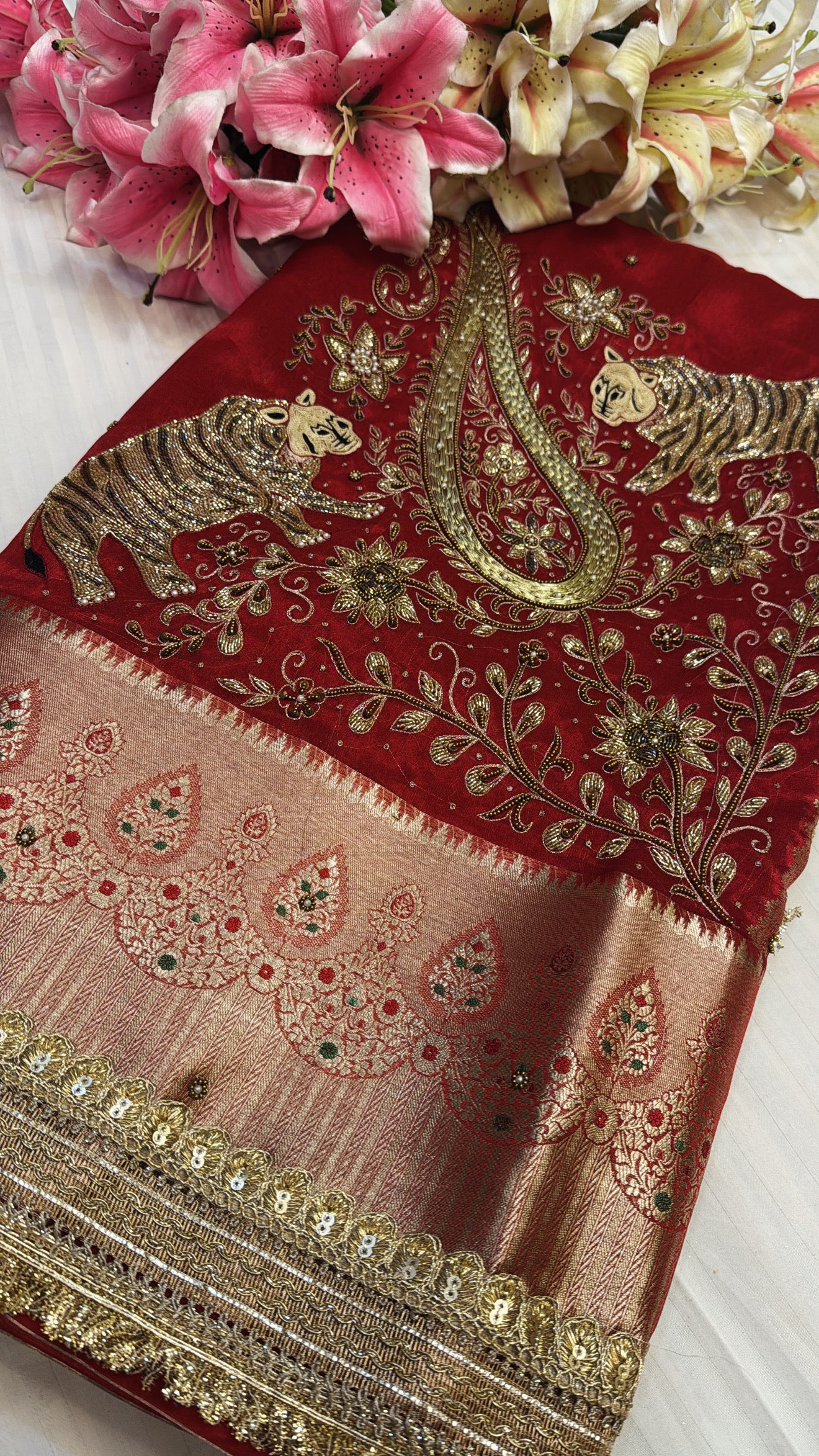 Red special - Husn hot red tissue silk tiger motif hand embroidered kadhwa saree
