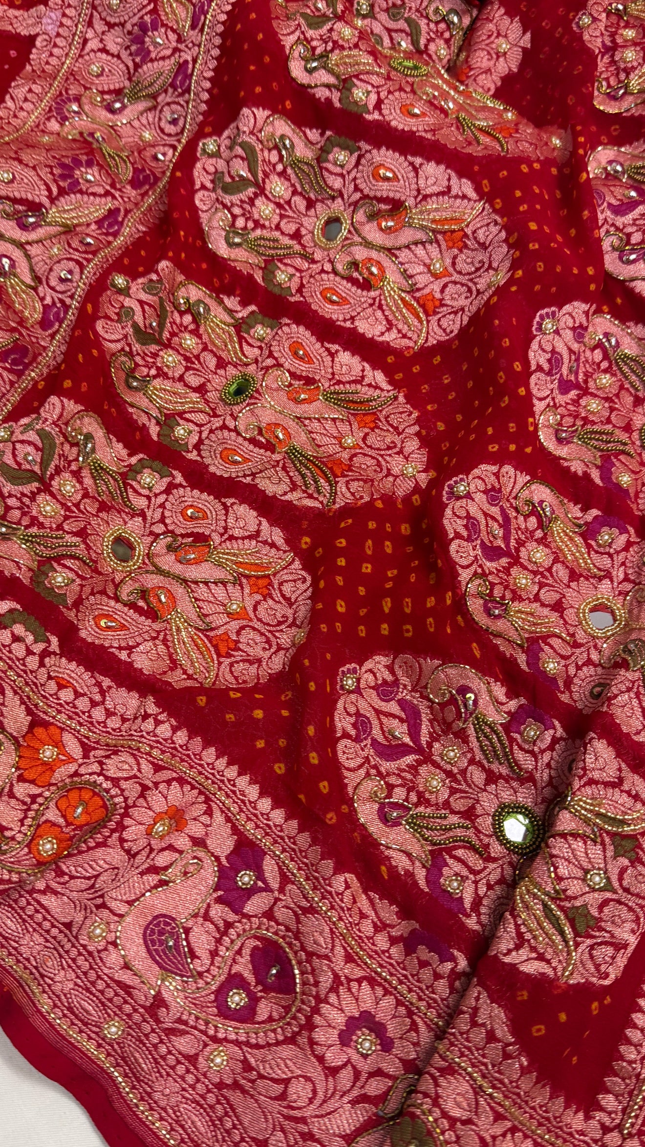 Red banarasi chiffon gorgette kadhwa hand embroidered gharchola weaving saree