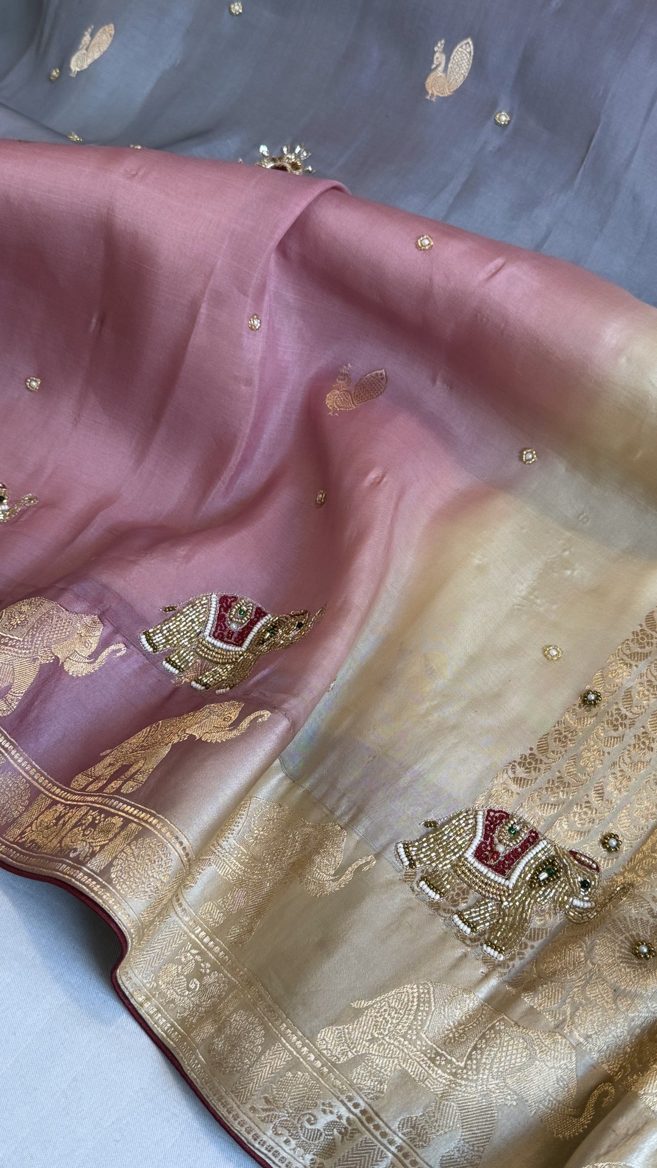 Sufi night edit - Banarasi kora silk elephant motif hand embroidered kadhwa shaded saree