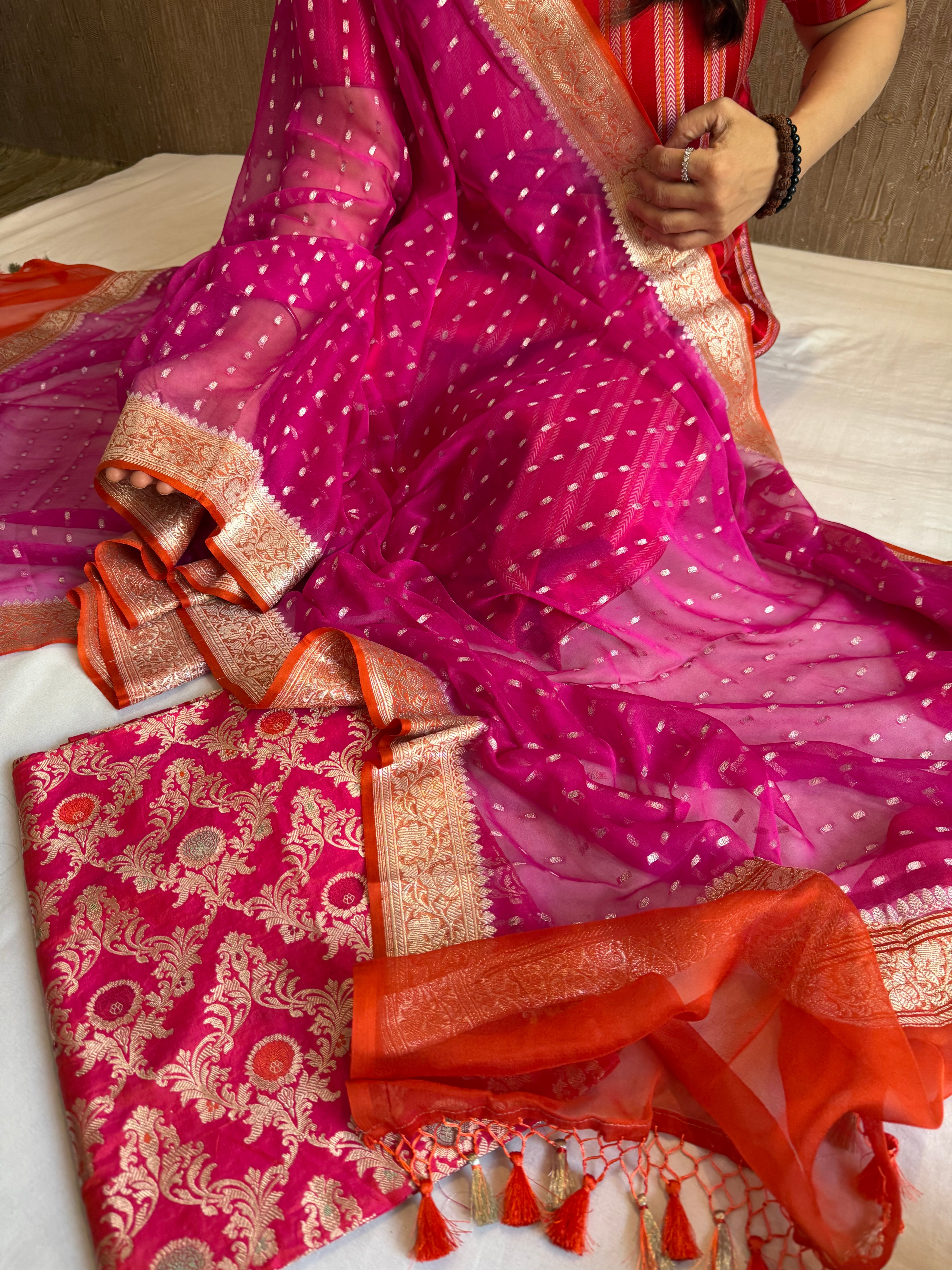 Rani pink - Fanta orange katan silk kadhwa jaal kurta paired with chiffon gorgette chap dye duppata set