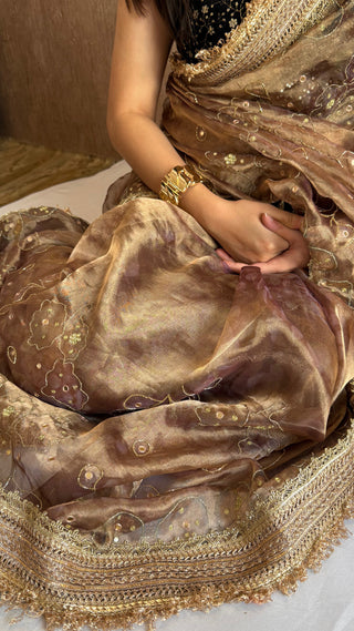 Printed tissue silk kadhwa hand embroidered gotapatti saree