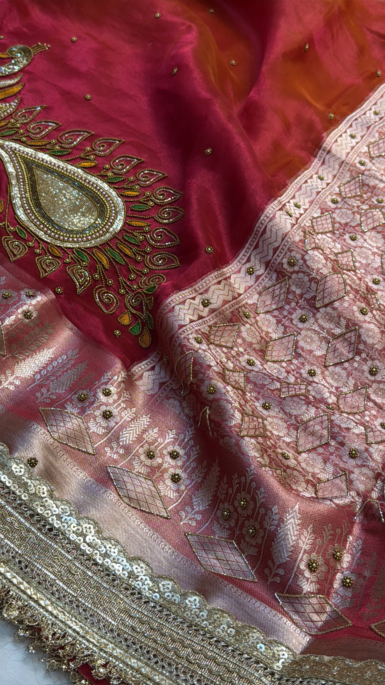 Dulhan ka joda pinkish red husn tissue silk hand embroidered kadhwa saree