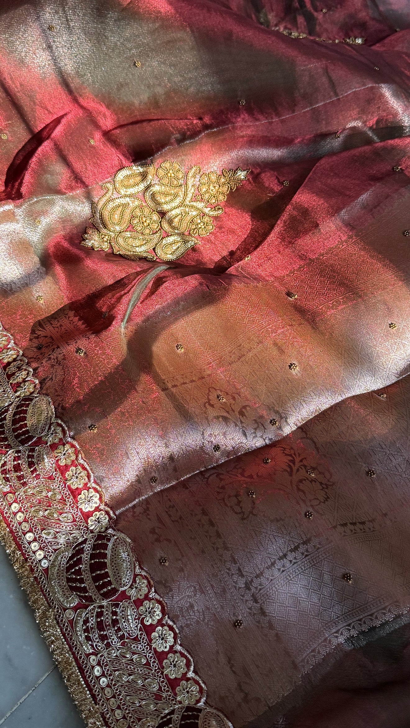 Teej special - Maroonish dhup chao red tissue silk hand embroidered kadhwa saree