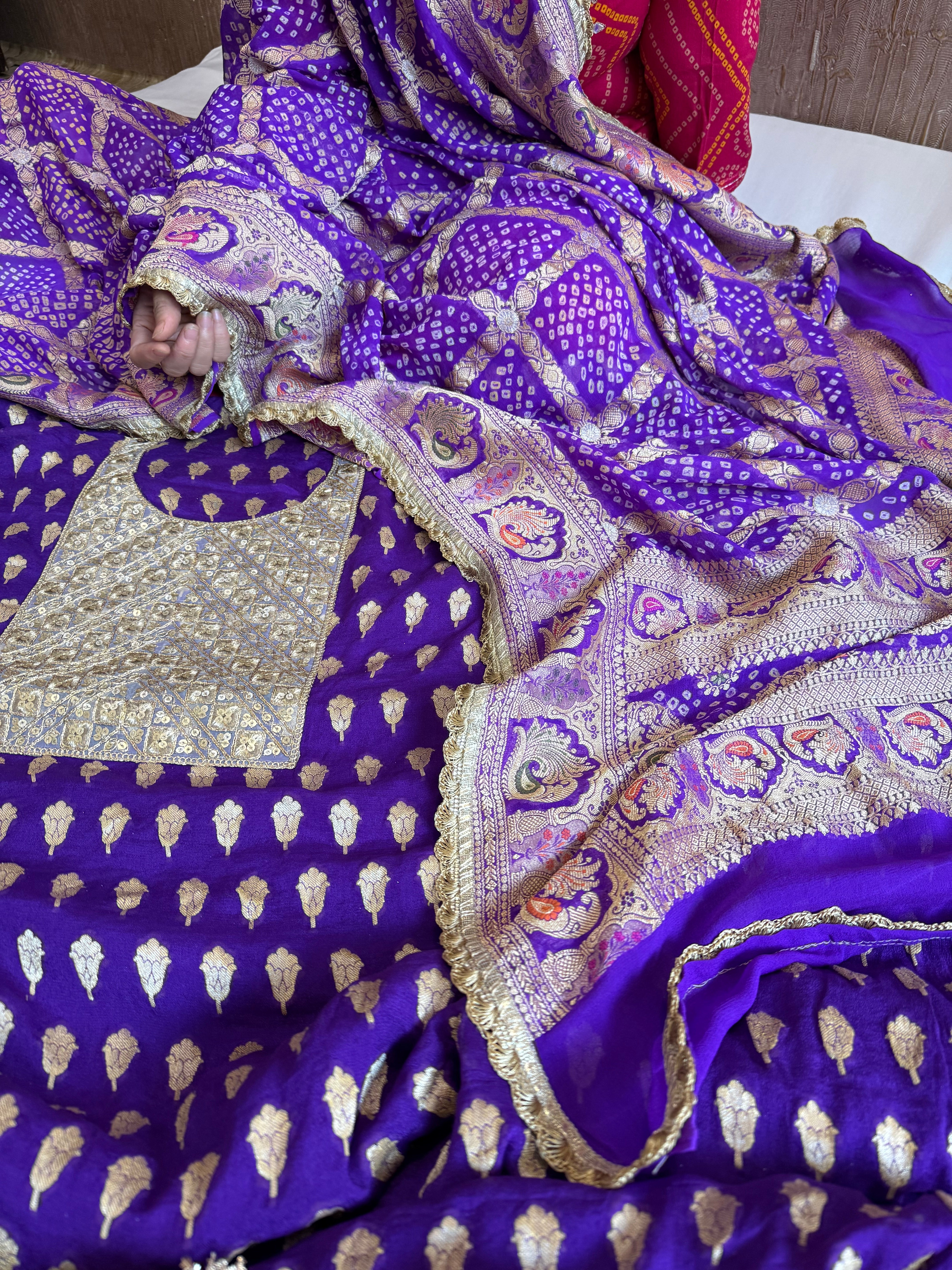 Purple rai bandhej banarasi gorgette kadhwa suit set