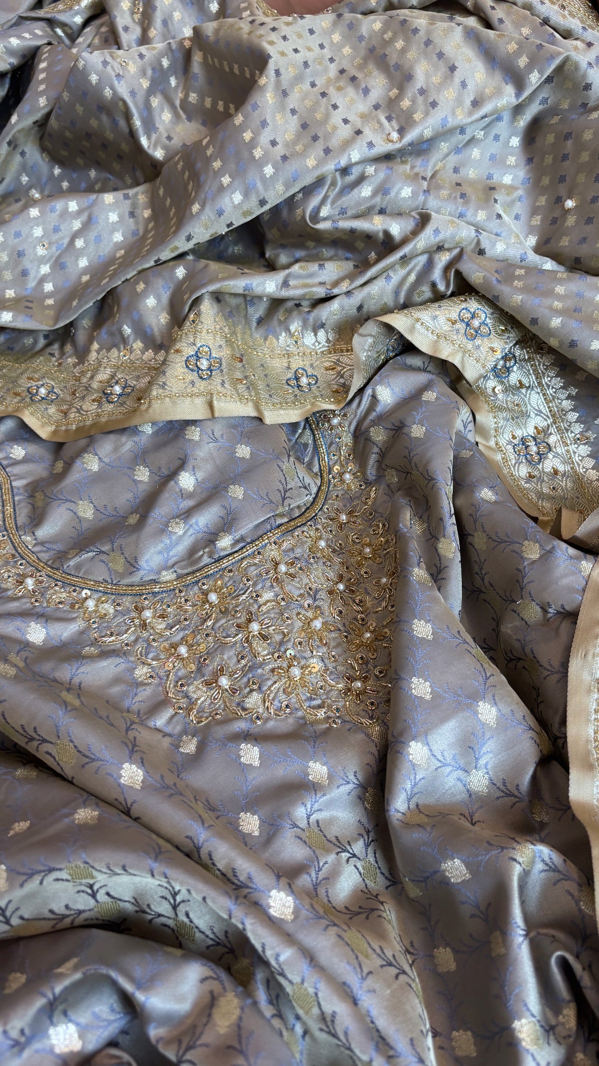 Mashru silk tanchoi hand embroidered kadhwa suit set