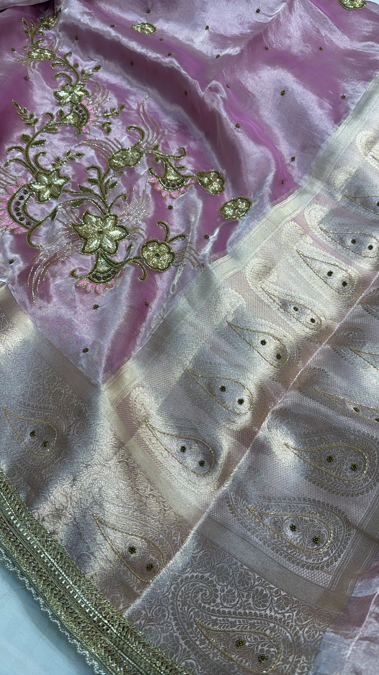 Blush metallic pink tissue silk hand embroidered kadhwa saree