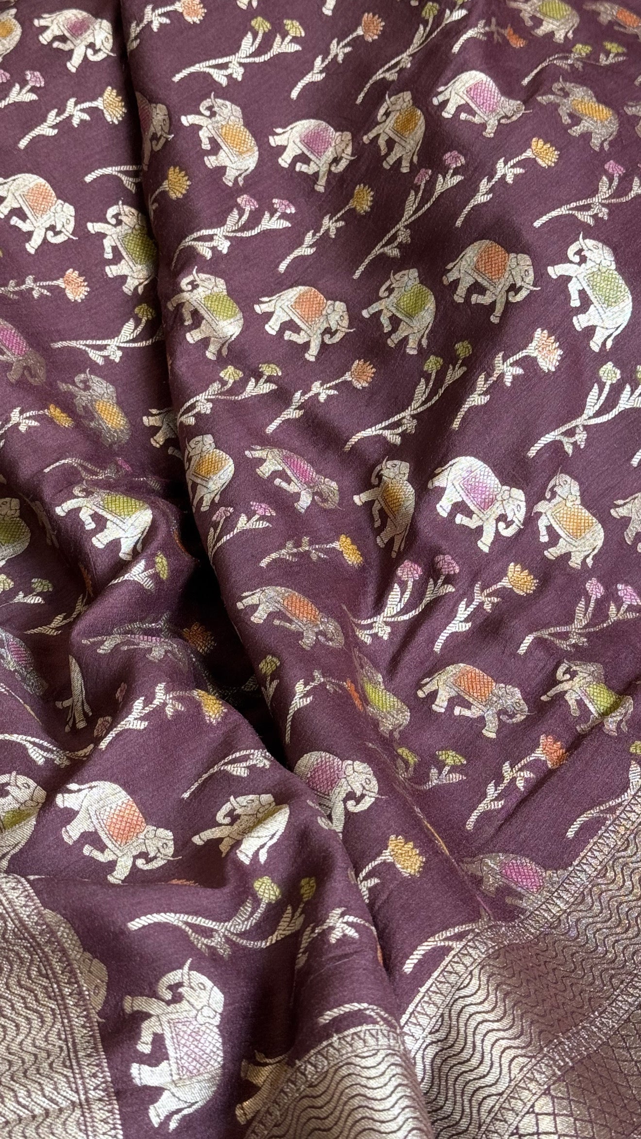 Deep wine moonga silk elephant motif kadhwa weaving suit set