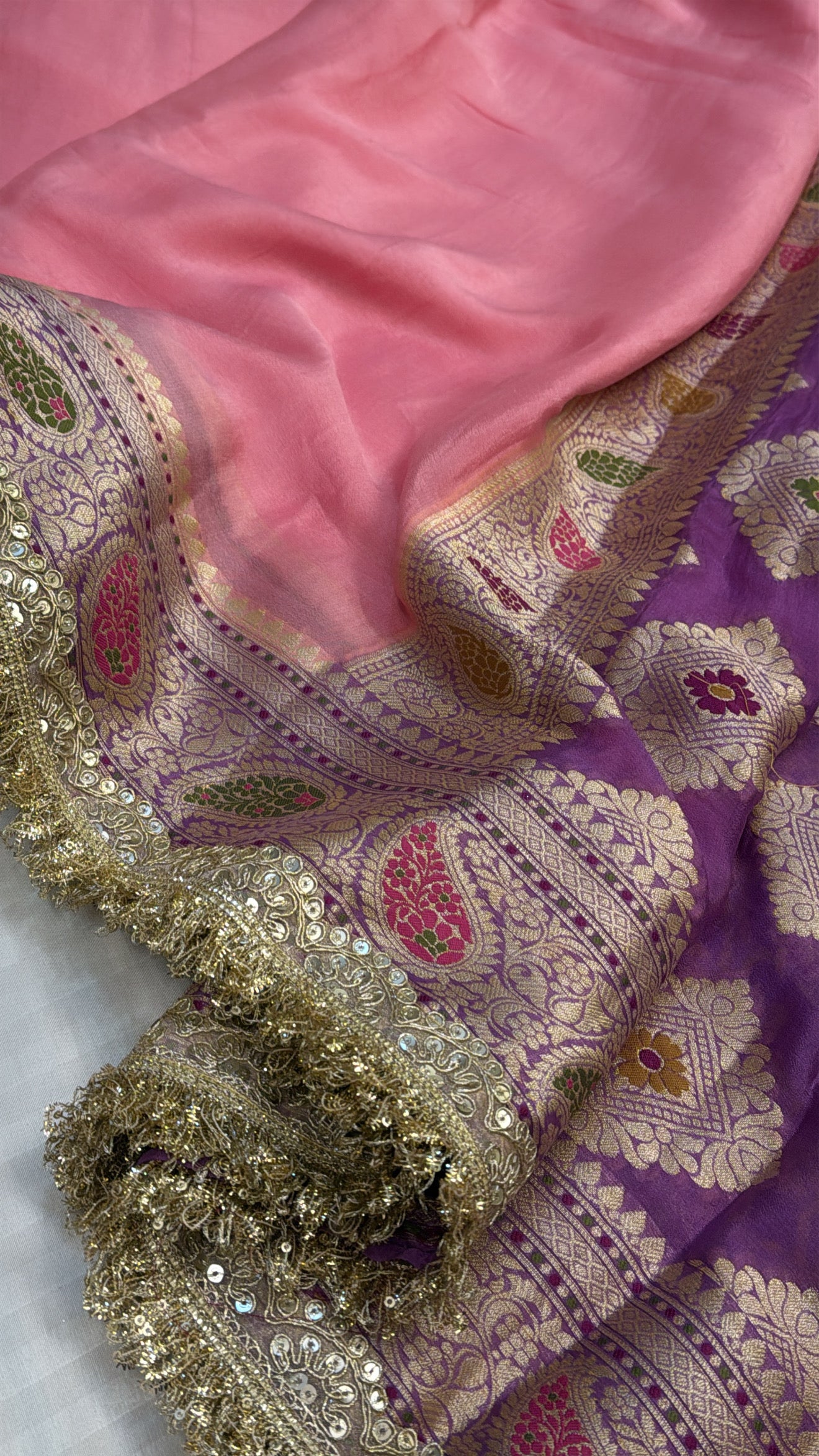 Banarasi chiffon gorgette chap dye contrast border kadhwa weaving saree