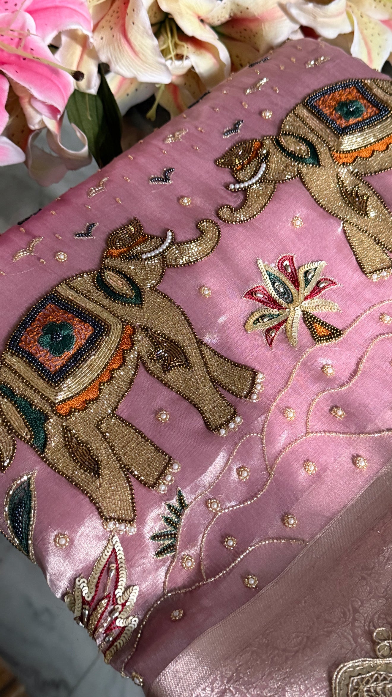 First meeting wali saree - Blush pink elephant and jungle motif hand embroidered tissue silk saree