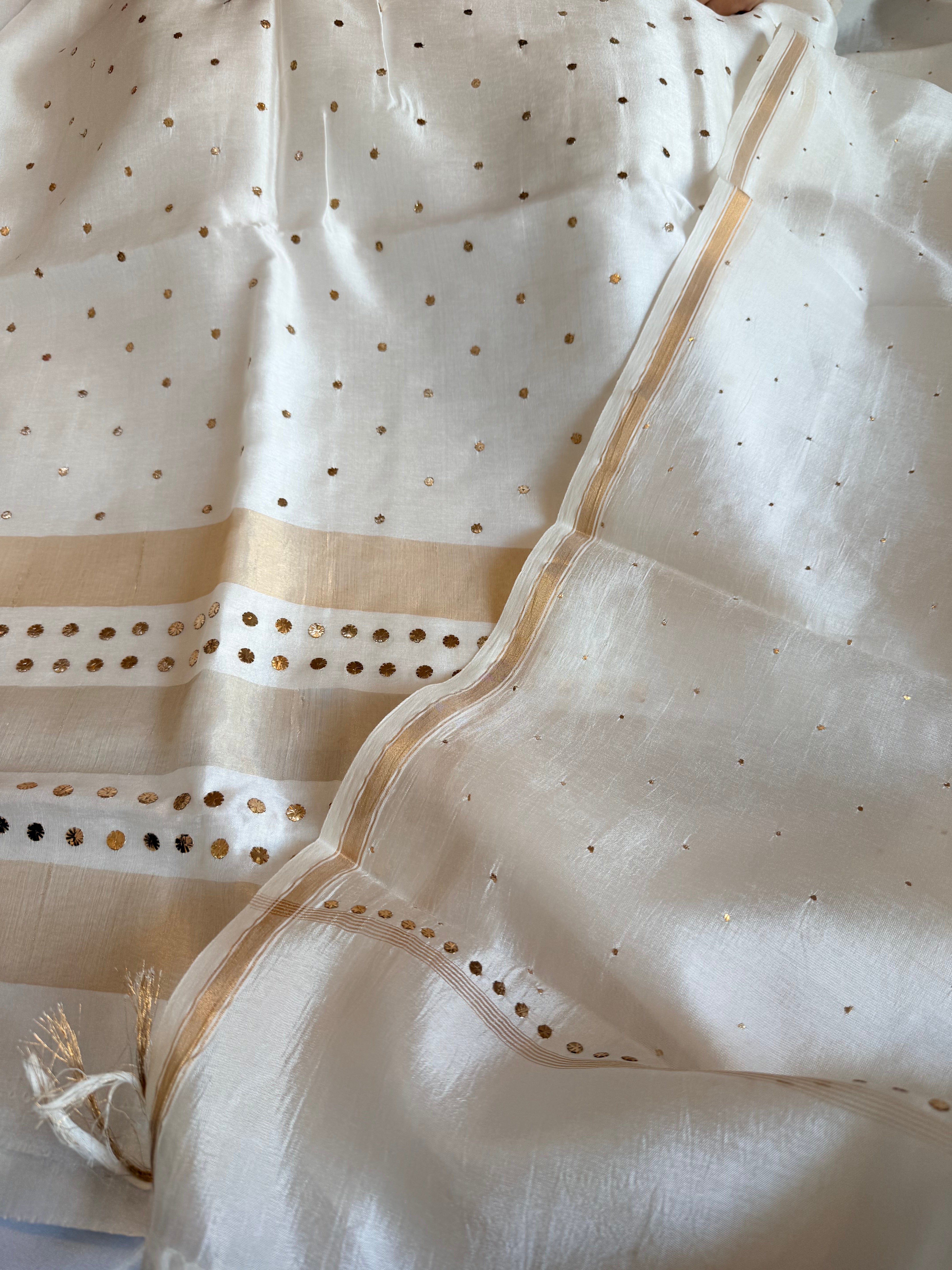 Pearl white spun chiniya silk mukaish hand embroidered suit sets