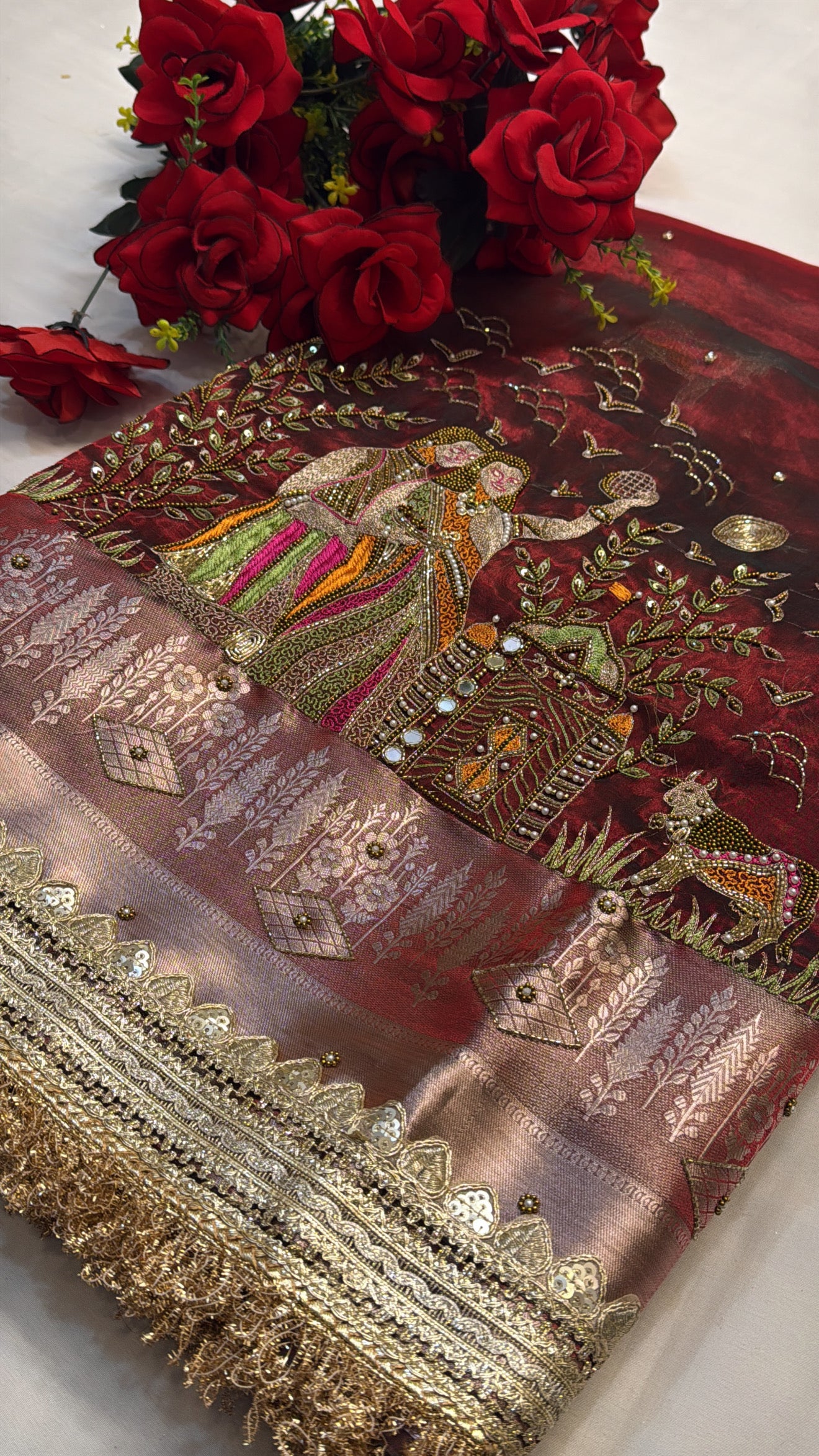 Dulhan ka joda husn red tissue silk hand embroidered kadhwa saree