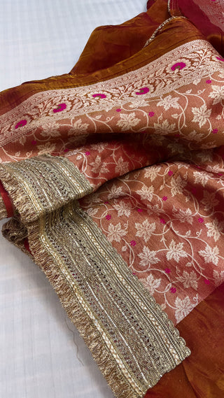 Maharani reddish-orange tissue tanchoi jamevar meenakari saree