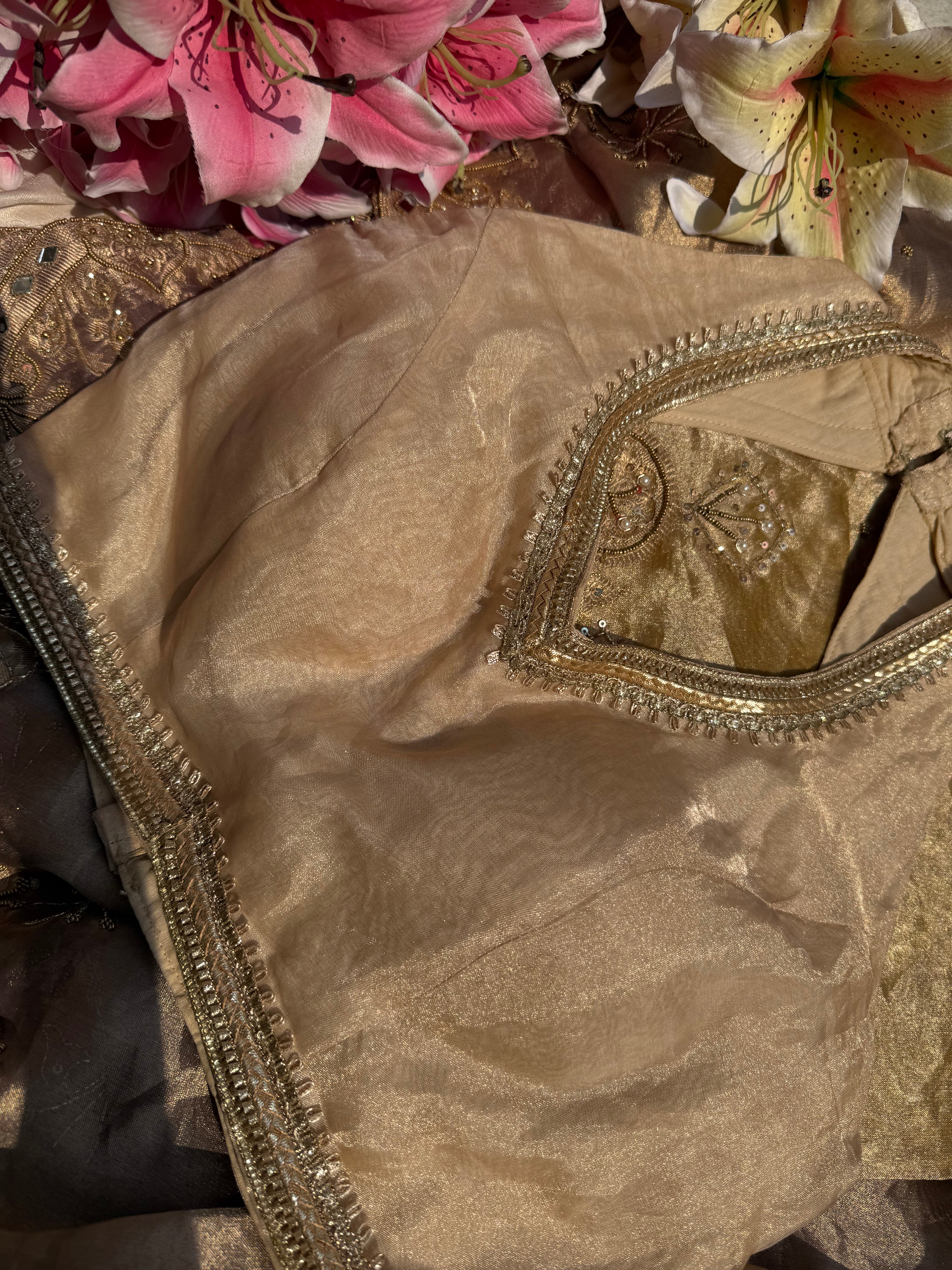 Halter neck golden tissue silk free size blouse piece