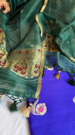 Banarasi chiniya silk green-blue contrast kadhwa suit set