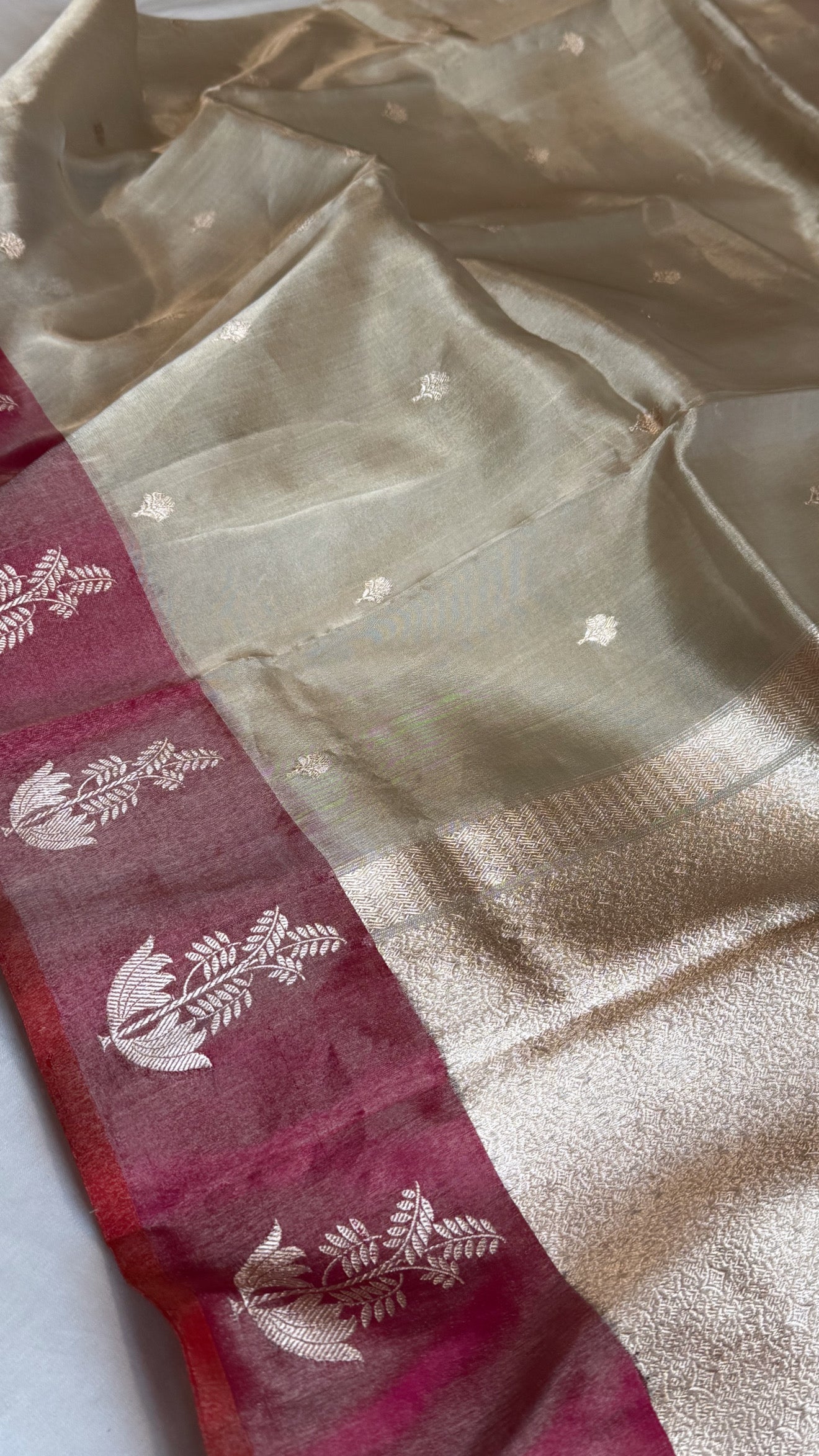 Katan tissue silver zari kadhwa buti saree with contrast border and blouse piece
