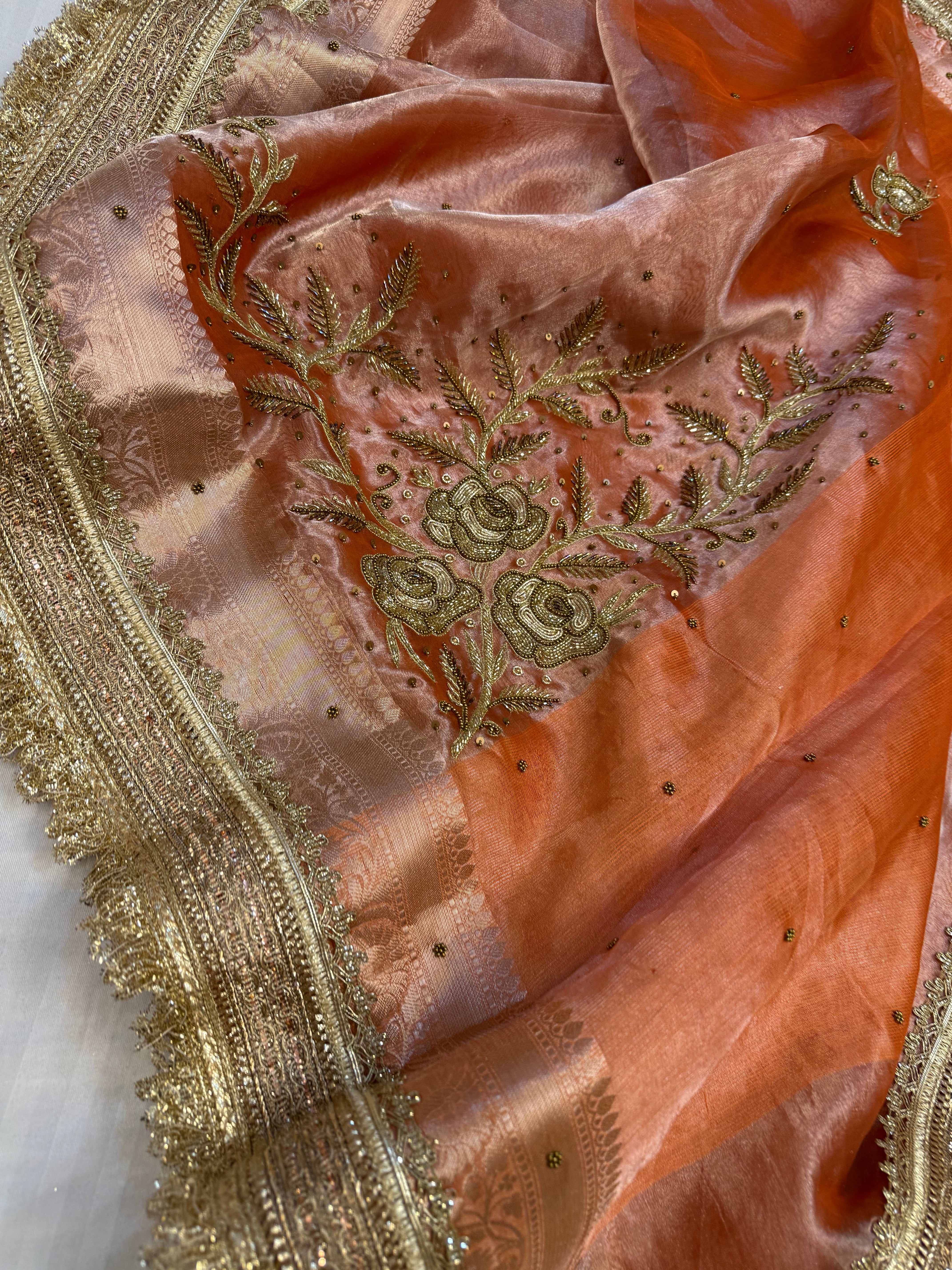 Cocktail edit sarees - Peach tissue silk heavy hand embroidered sarees