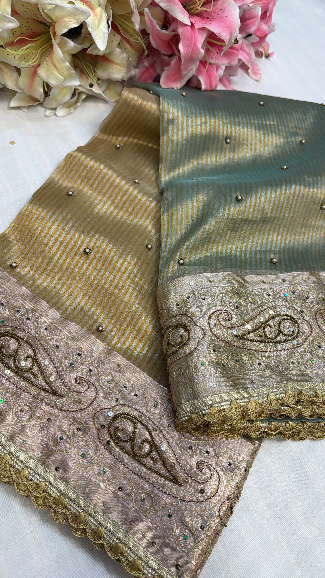 Molten gold-sage green tissue silk ombre shaded hand embroidered saree