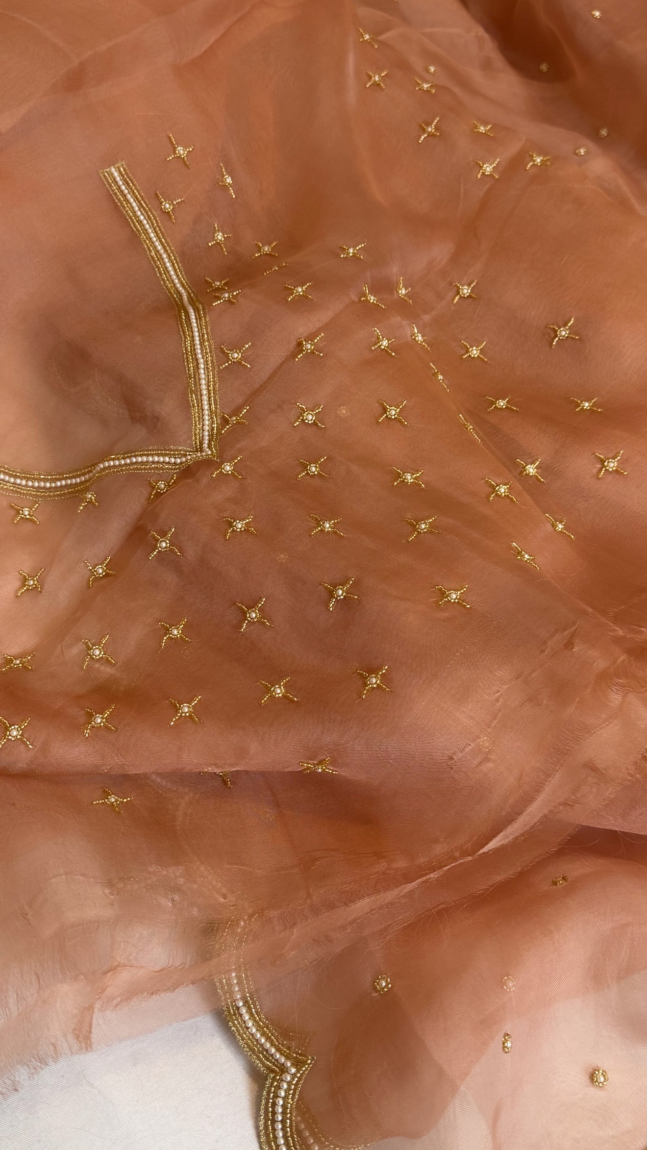 Rose gold kora silk zardozi work hand embroidered saree