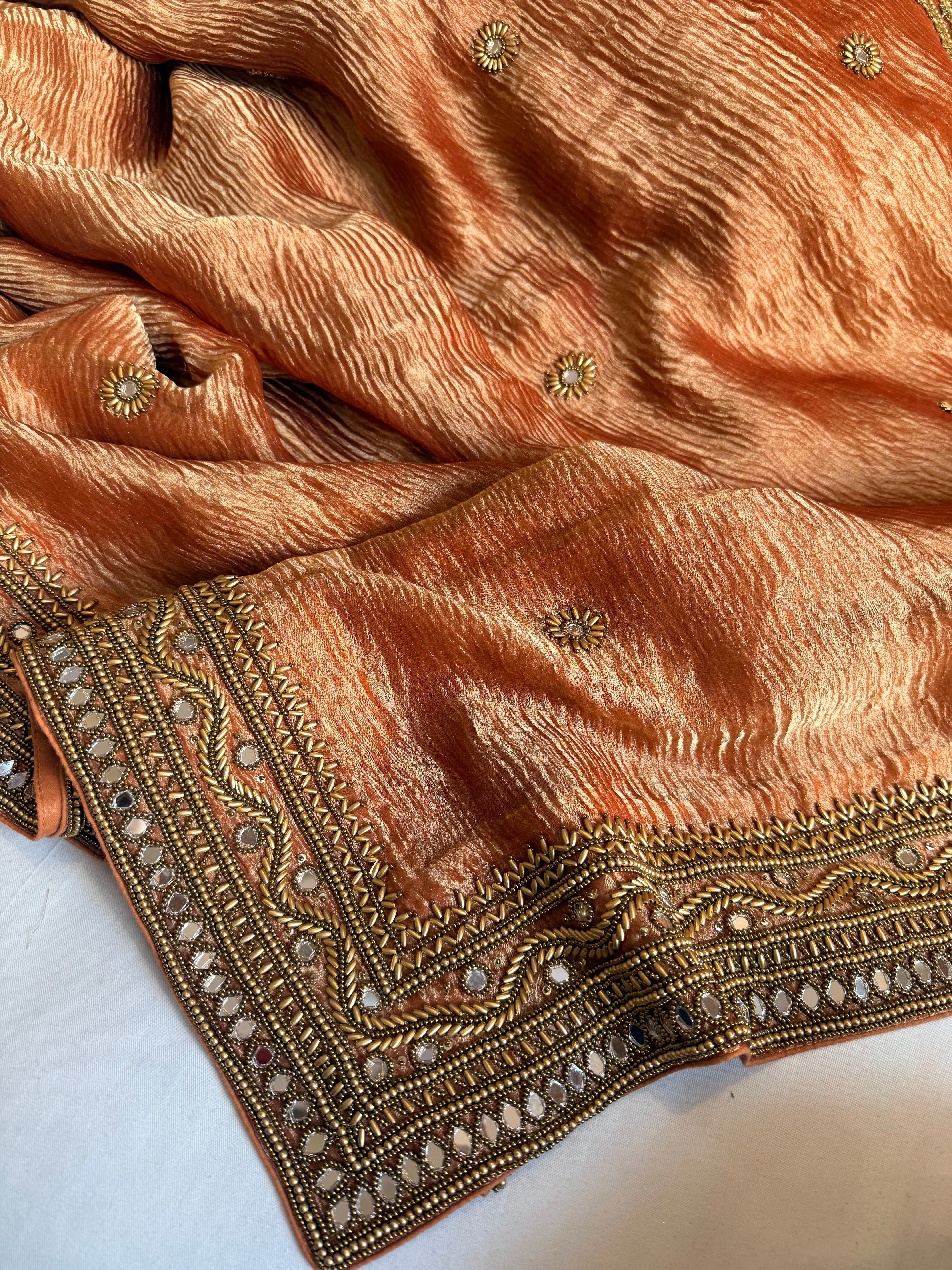 Rajkumari gajri crushed tissue silk hand embroidered kadhwa saree