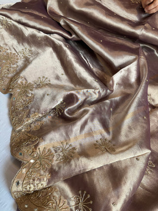 Husn dreamy grey tissue silk heavy hand embroidered saree