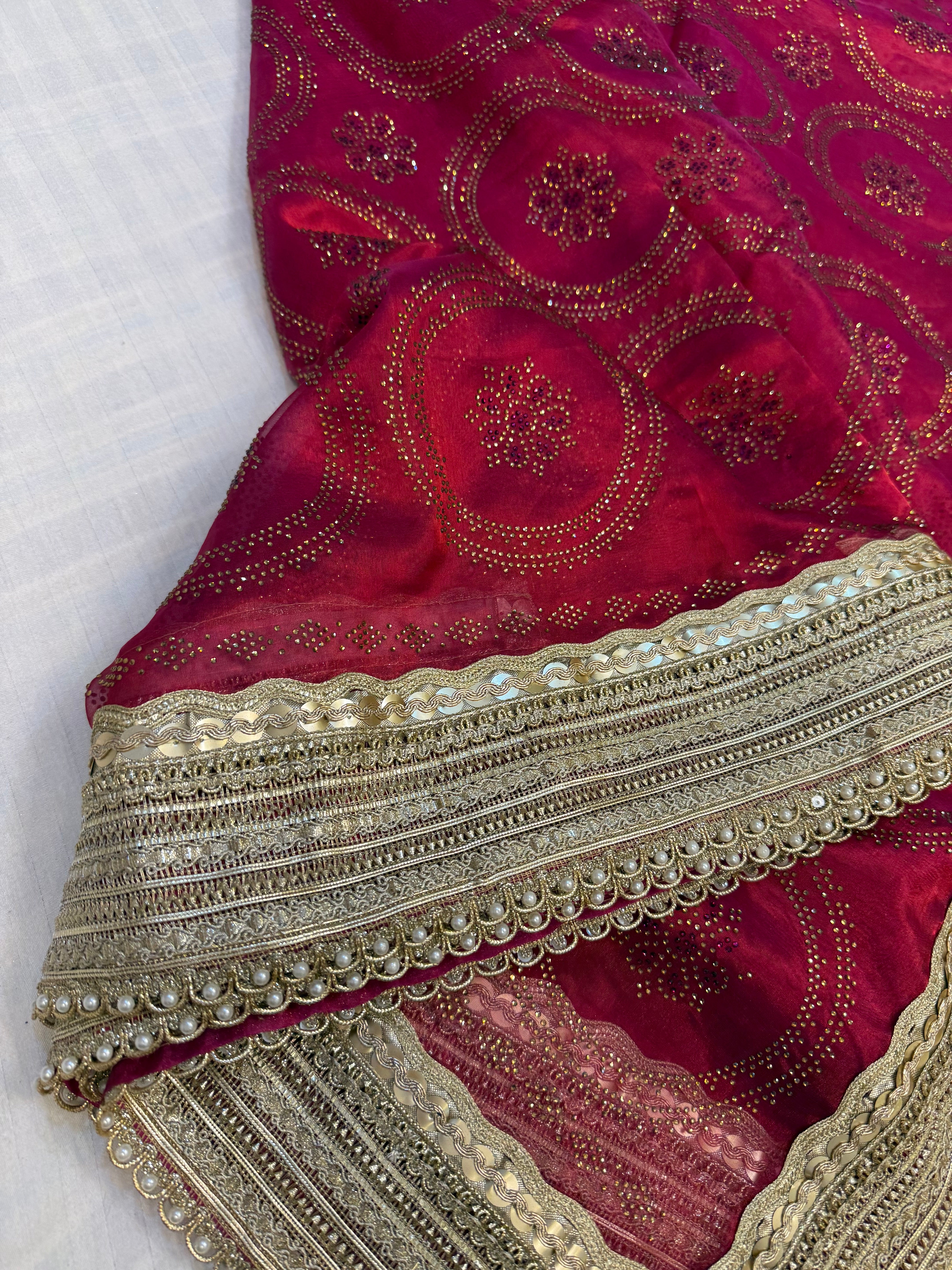 Sitara stonework cranberry red tissue silk gotapatti saree