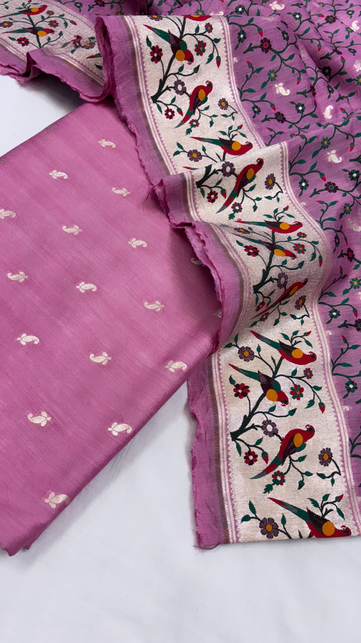 Pure banarasi soft pink moonga silk kadhwa meenedar paithani woven jaal duppata suit set