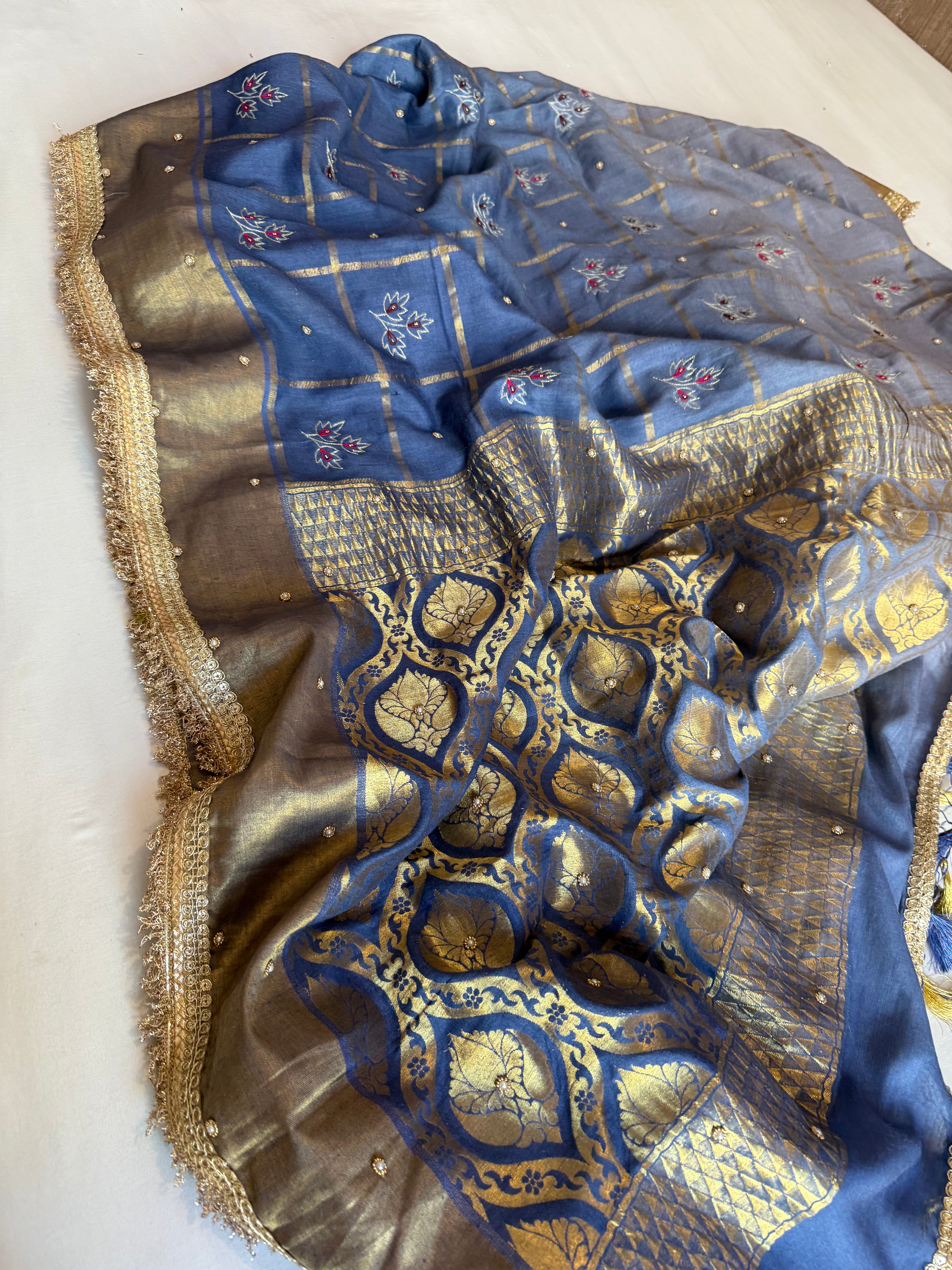 Mastani edit - Aqua blue ombre shaded moonga silk kadhwa hand embroidered saree