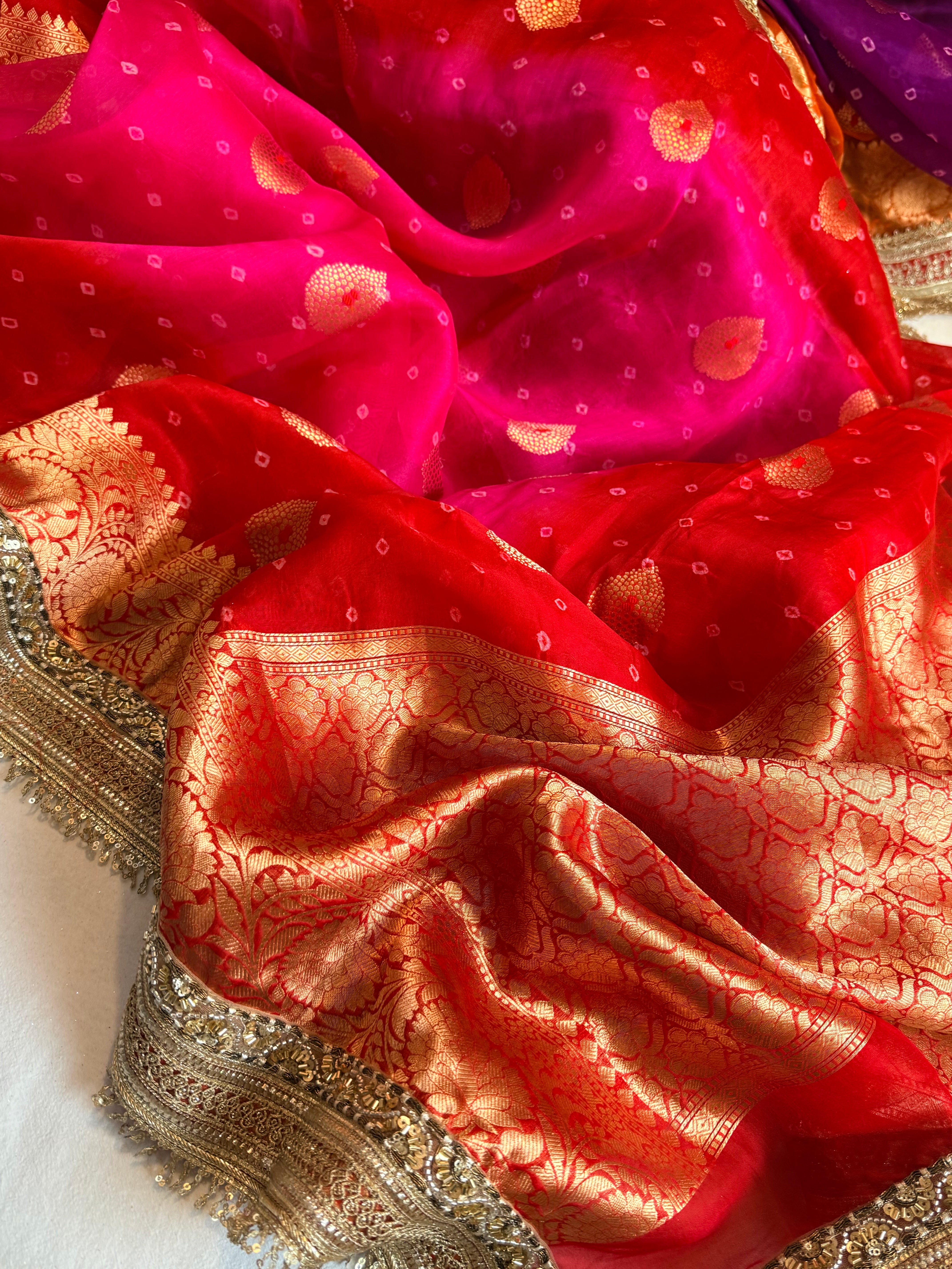 Mayra wali saree - Kora silk bandhej work meenakari gotapatti saree