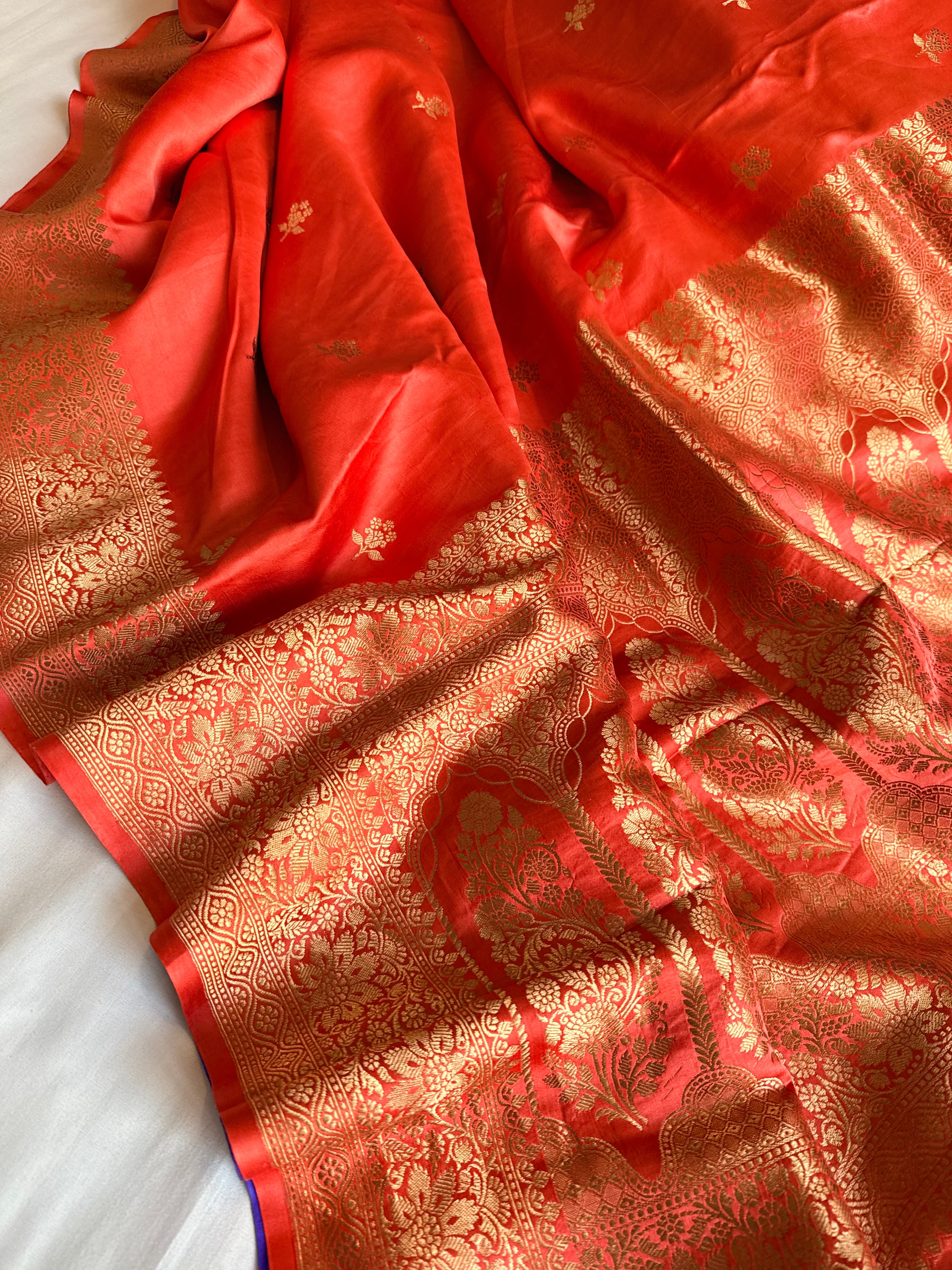 Tomato red banarasi mashru silk kadhwa buti saree