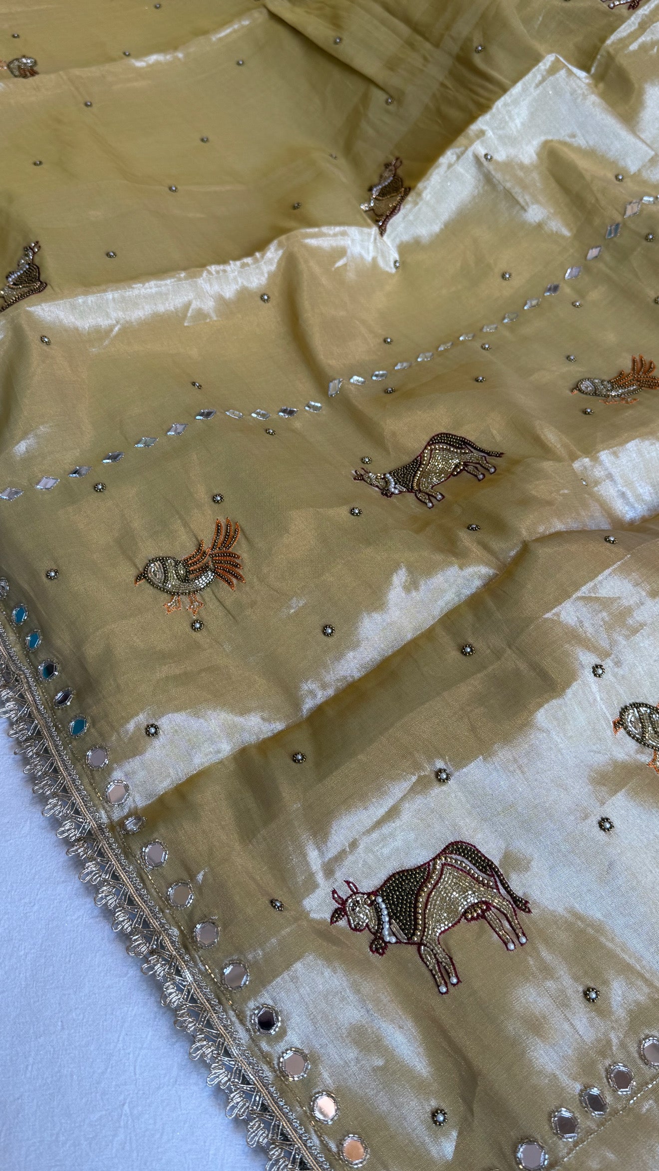 Satin tissue silk ivory gold hand embroidered kadhwa saree
