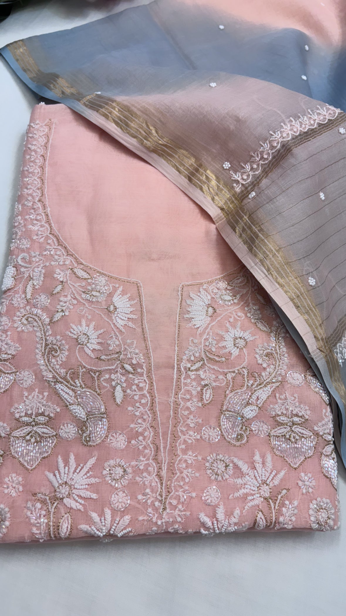 Pure Banarasi handloom premium cotton kadhwa lucknowi chikankari hand embroidered suit set with intricately hand embroidered motifs and ombre shaded duppata set