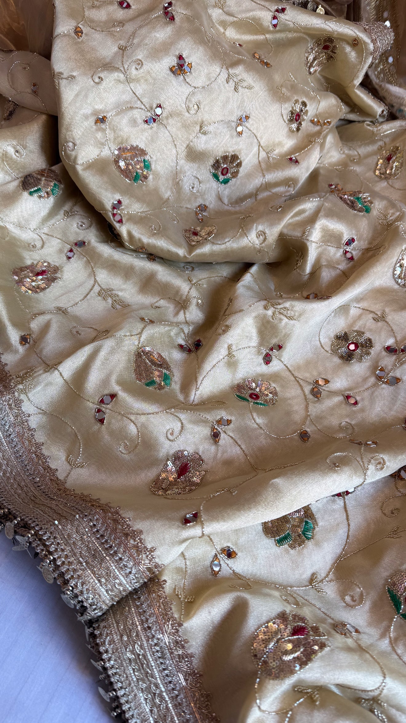 Mirror work edit - Tussar gold heavy mirror work jaal hand embroidered saree