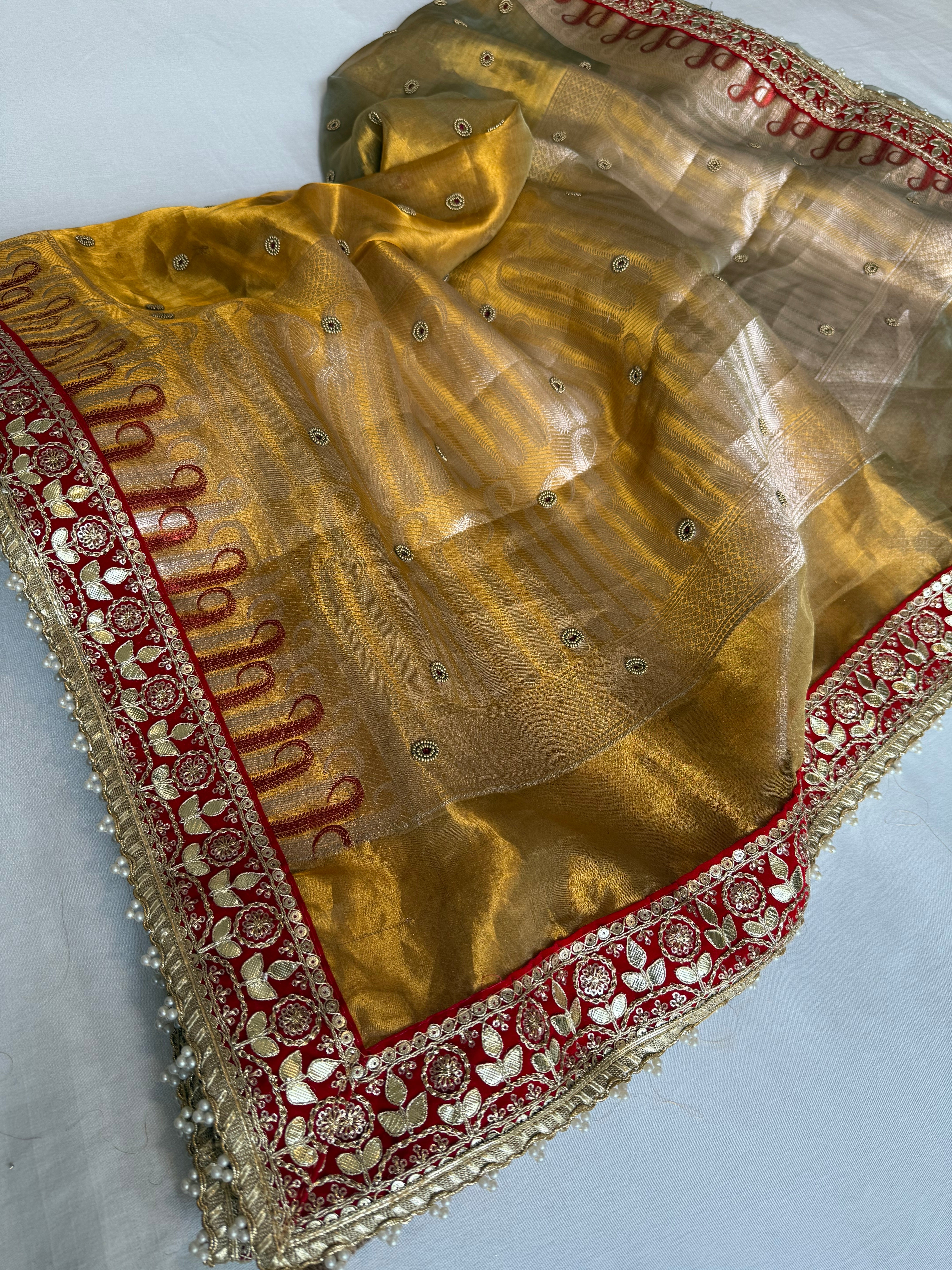 Kanjivaram gold tissue silk red meenakari hand embroidered kadhwa saree