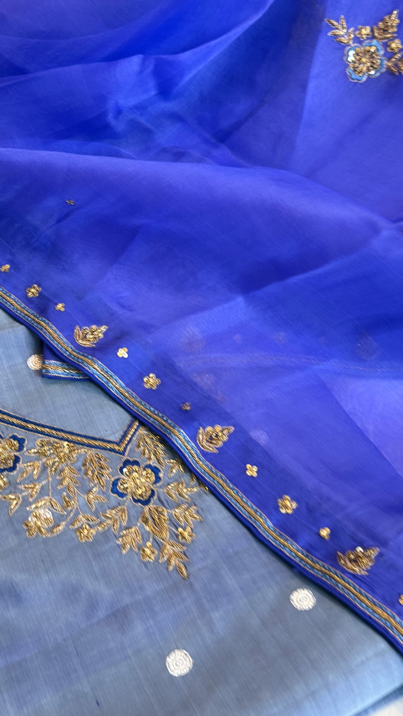 Blush blue - ink blue shade katan silk hand embroidered kurta paired with kora silk zardozi duppata