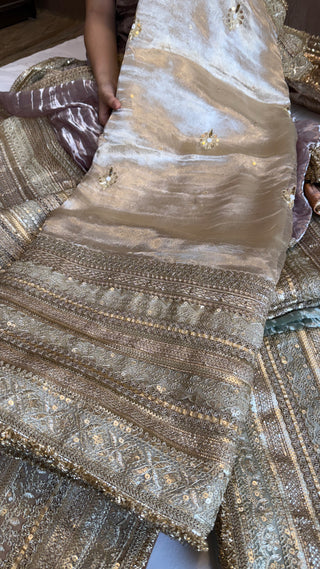 Lehenga style saree edit - Champagne gold diamond tissue silk tilli work gotapatti skirt border saree